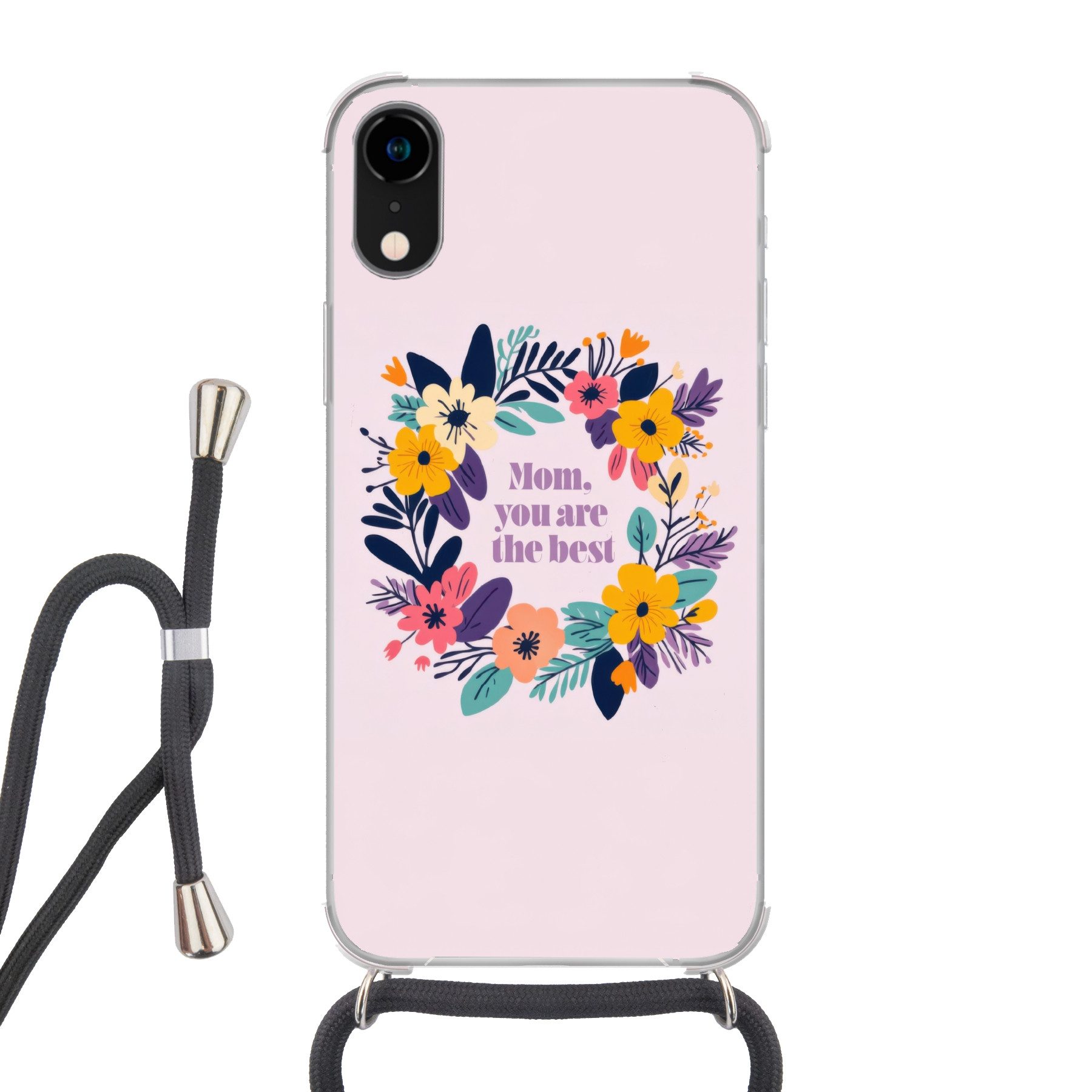 MuchoWow Handyhülle für Apple iPhone XR Blumenkranz - Bunt - Mutter, Tragbare Handyhüllen mit Kette zum umhängen, Handykette Handyband