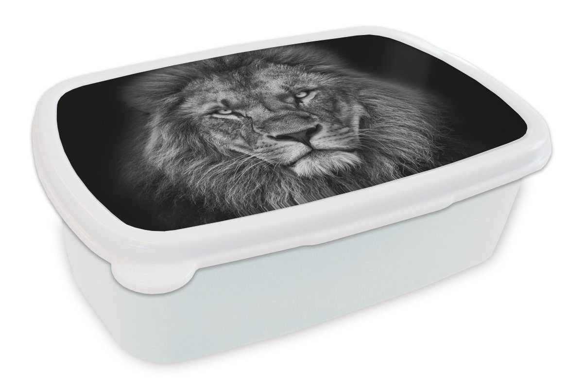 MuchoWow Lunchbox Tiere - Löwe - Schwarz - Weiß - Porträt, Kunststoff, (2-tlg), Brotbox für Kinder und Erwachsene, Brotdose, für Jungs und Mädchen