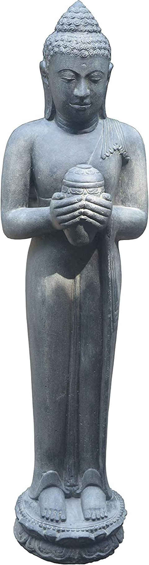 Krines Home Dekofigur Große Buddha-Figur Steinbuddha 150 cm mit Lotus-Gefäß Steinguss, stehende Steinfigur/Skulptur für Haus und Garten