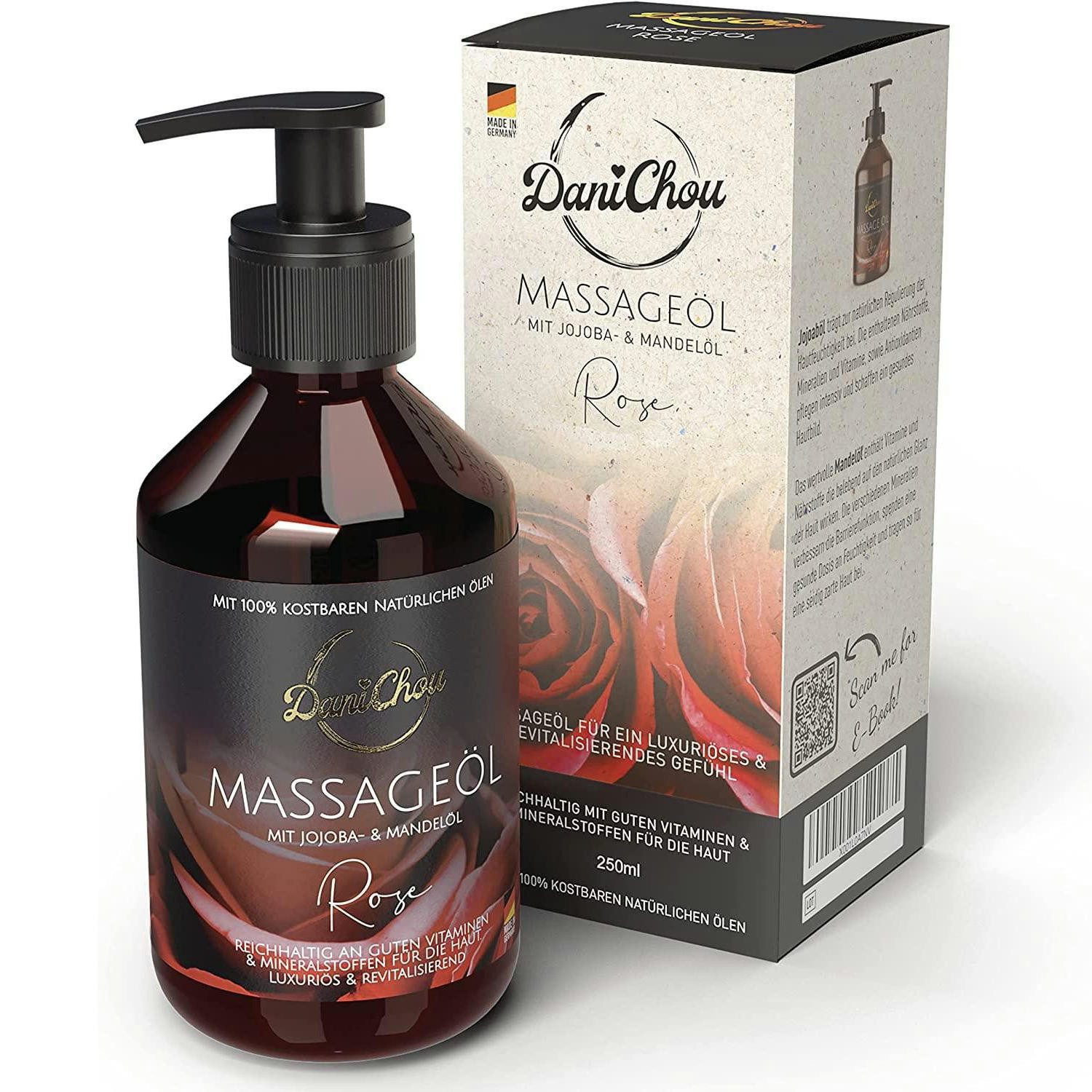 DaniChou Massageöl Rose 250ml – Made in Germany – Mit wertvollem Jojobaöl & Mandelöl – Perfekt für Massage, Wellness & Hautpflege – Pflegendes, Öl zum sanften Massieren & Verwöhnen der Haut