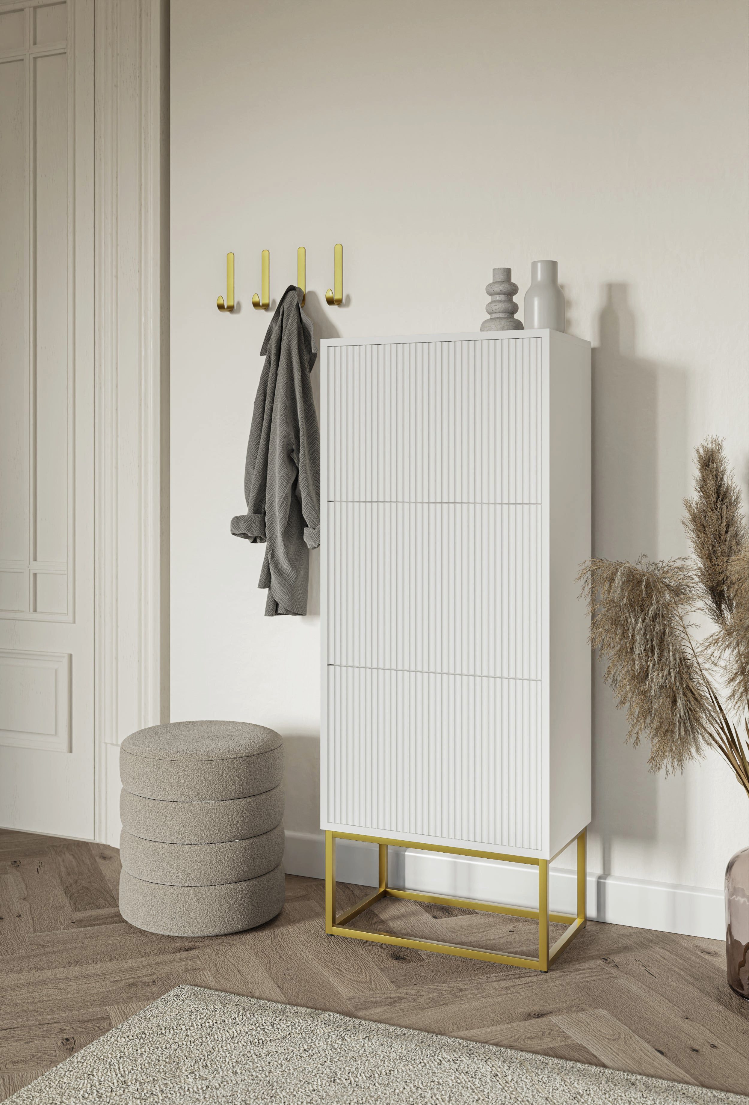 Selsey Schuhschrank VELDIO 3 Klappen mit geriffelten Fronten, goldenes Metallgestell, 50 cm