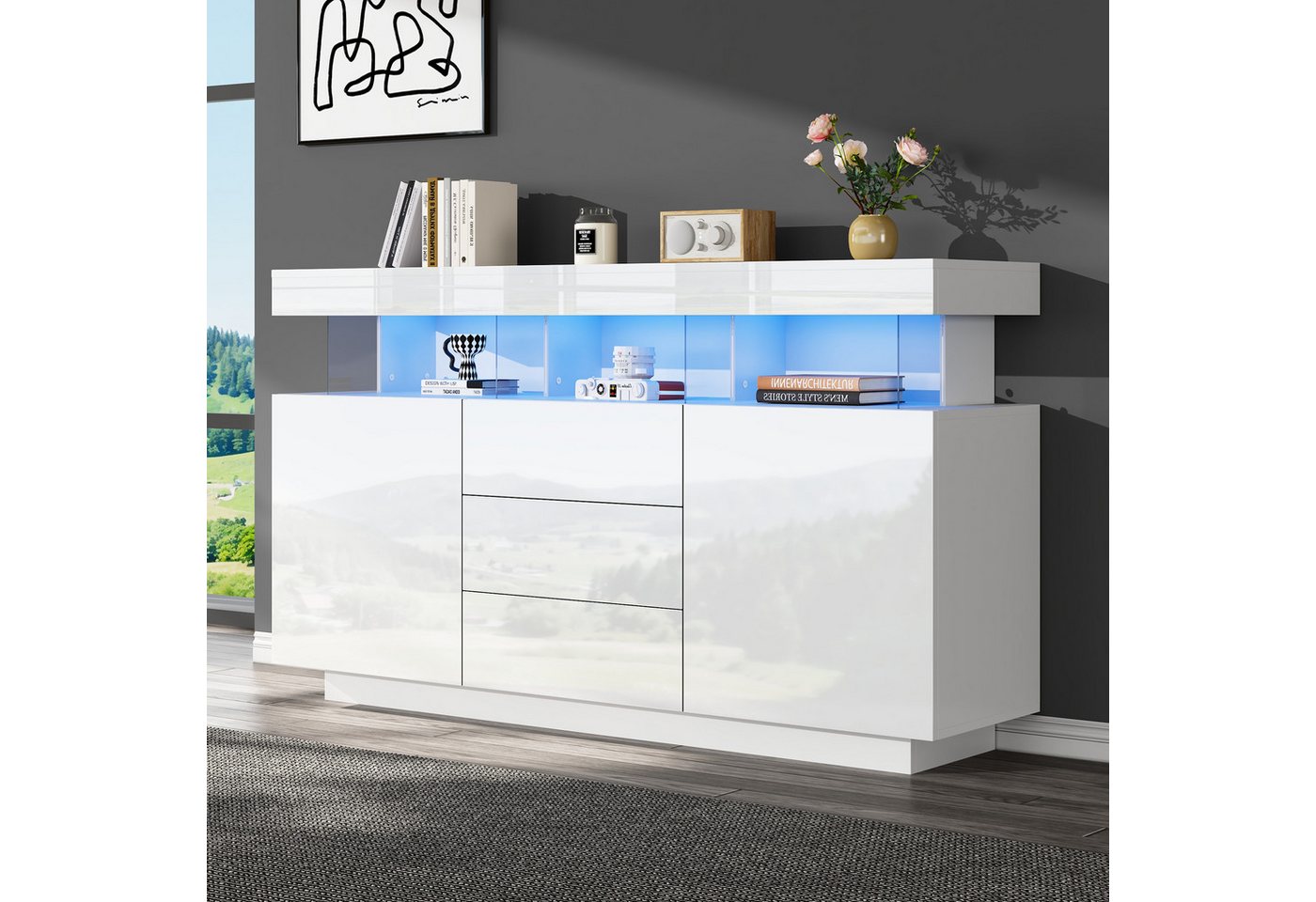 STILVORA Sideboard wohnzimmer weiß,140cm Acryl-Sideboard Küche mit 16-farbigem LED-Licht (Kaffeebar, Kommode, Mehrzweckschrank, 1 St., Spanplatte+Acryl), Hochglanz