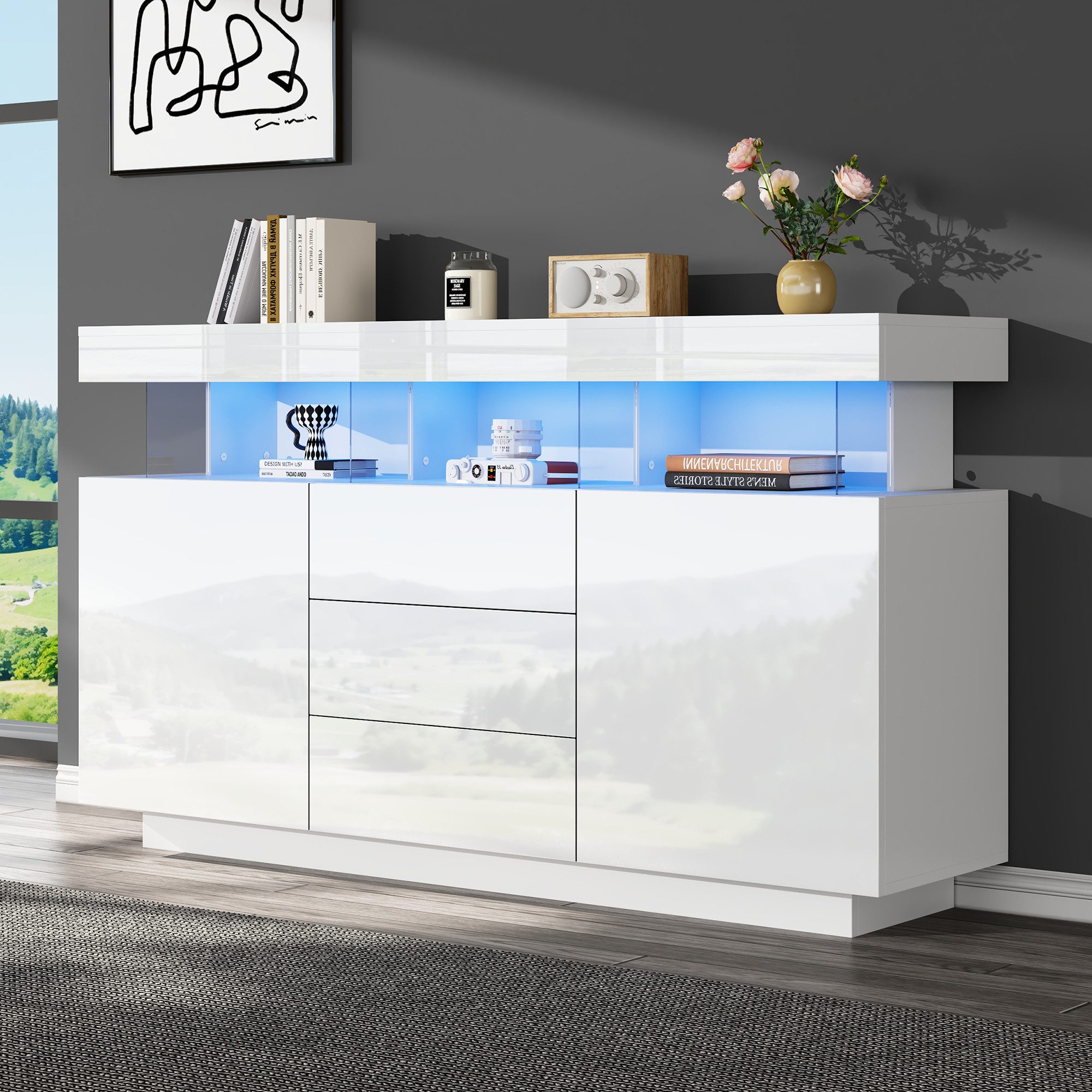 STILVORA Sideboard wohnzimmer weiß,140cm Acryl-Sideboard Küche mit 16-farbigem LED-Licht (Kaffeebar, Kommode, Mehrzweckschrank, 1 St., Spanplatte+Acryl), Hochglanz