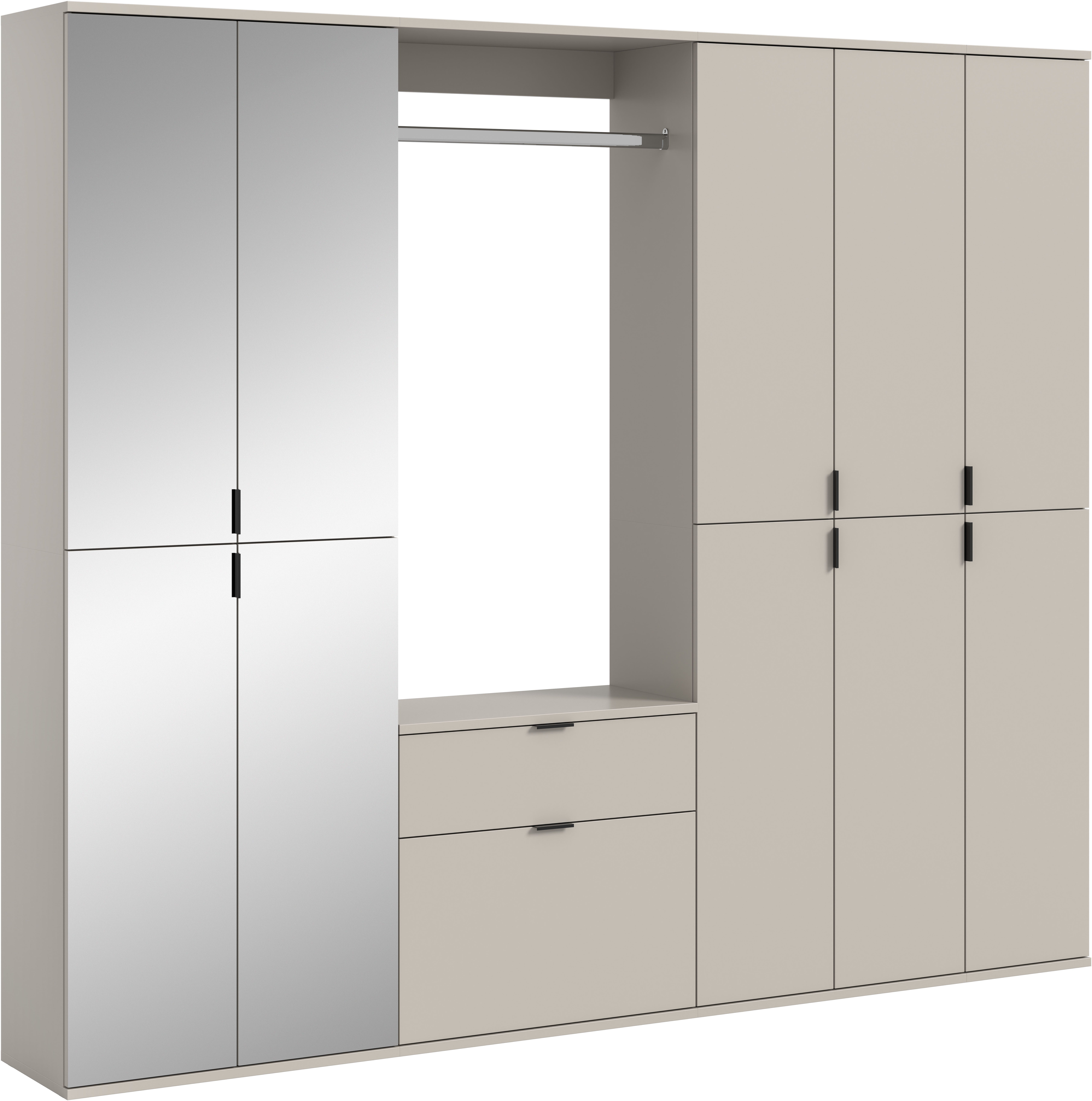 Home affaire Garderoben-Set TRONDHEIM, 6-teilig, Breite 213cm, individuell platzier- & erweiterbar, (Set, 5-St., bestehend aus: 3x Garderobenschrank & 3-tlgs. Zwischenbauelement), Garderobenschrank, Kleiderschrank, Schrankkombination, Garderobe