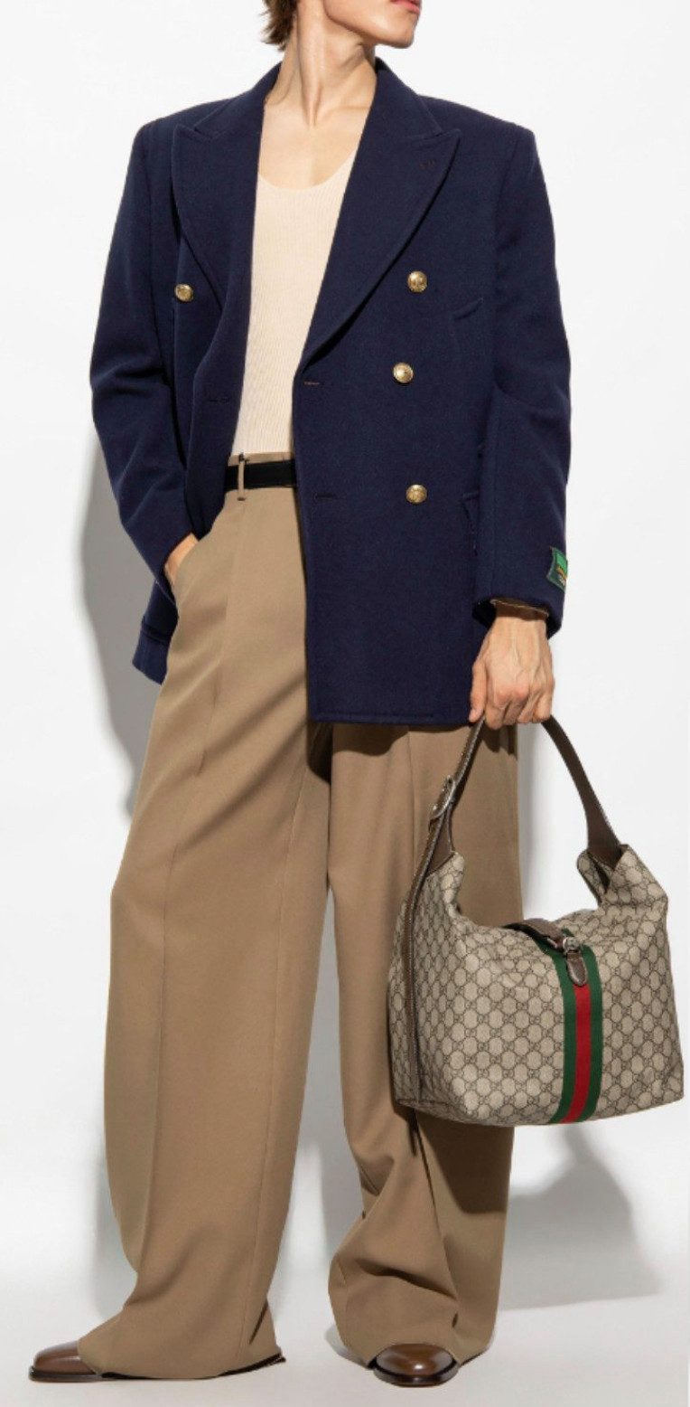 GUCCI Kurzmantel Filzwolle Peacoat Navy 46/S Goldfarbenen Knöpfen, Edle Spitzrevers