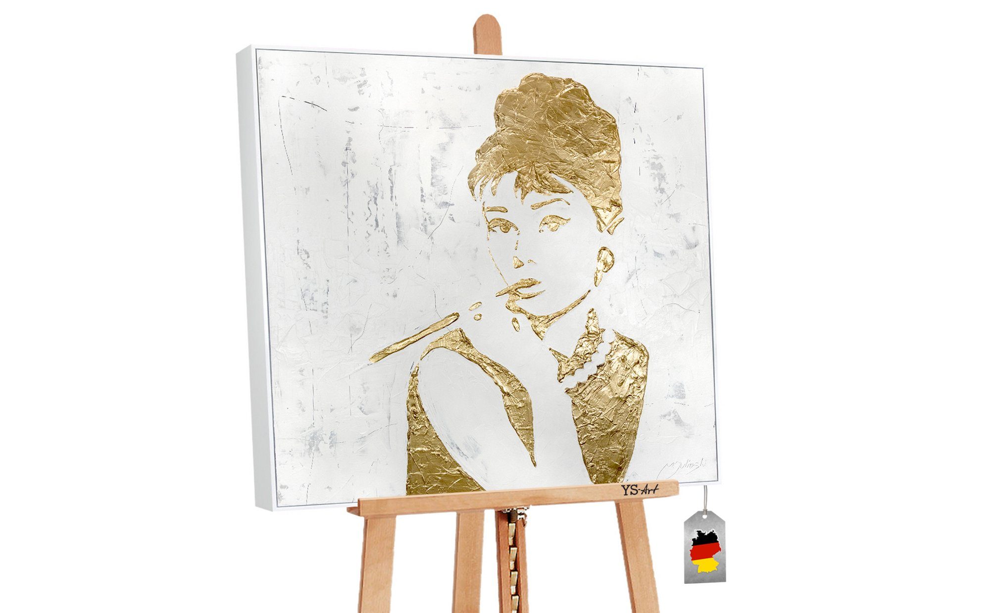 YS-Art Gemälde Audrey, Menschen, Audrey Hepburn Abstraktes Leinwand Bild Handgemalt Gold mit Rahmen