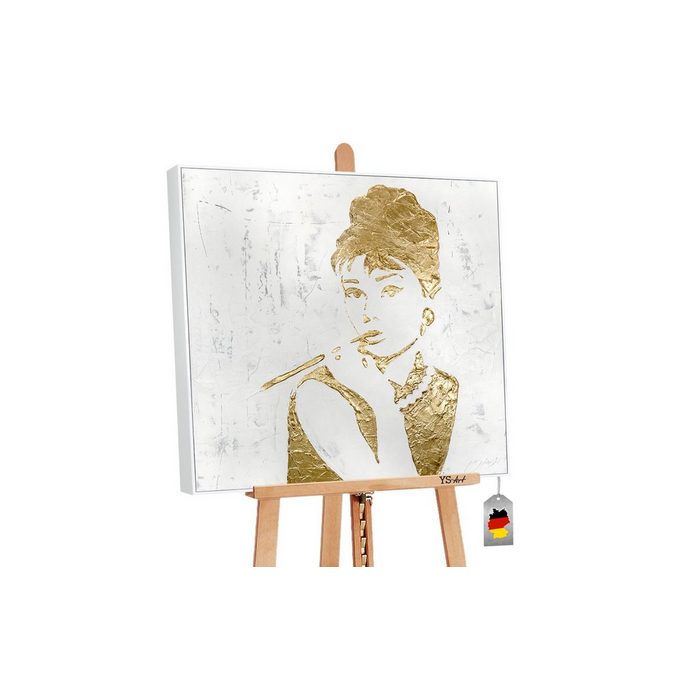 YS-Art Gemälde Audrey Menschen Audrey Hepburn Abstraktes Leinwand Bild Handgemalt Gold mit Rahmen