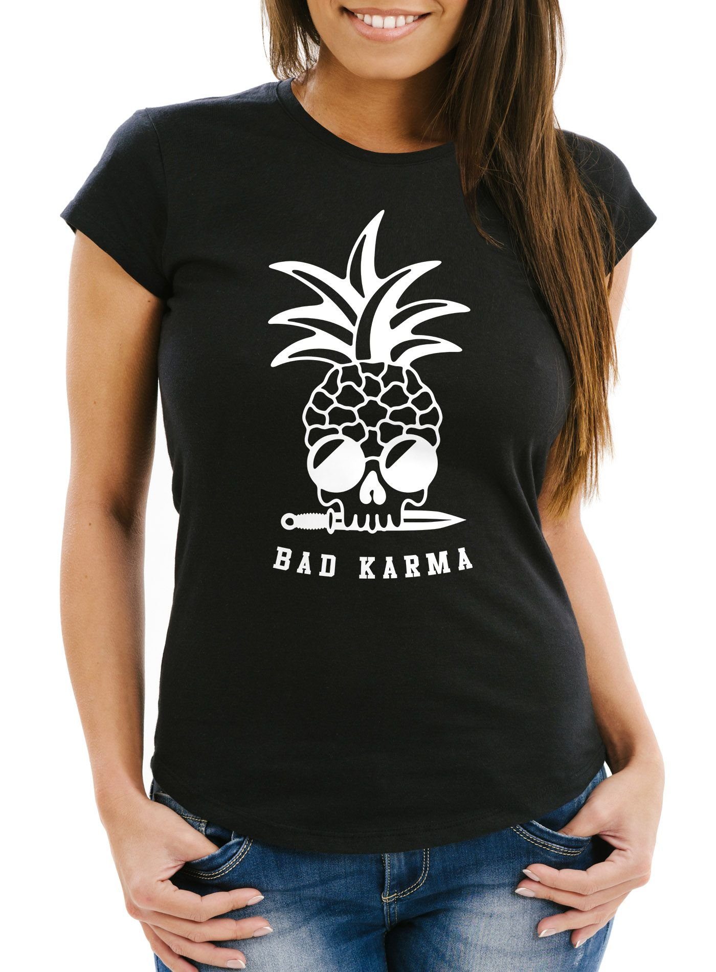 Print-Shirt Damen T-Shirt Totenkopf Ananas Bad Karma Pineapple Skull Slim Fit Neverless®