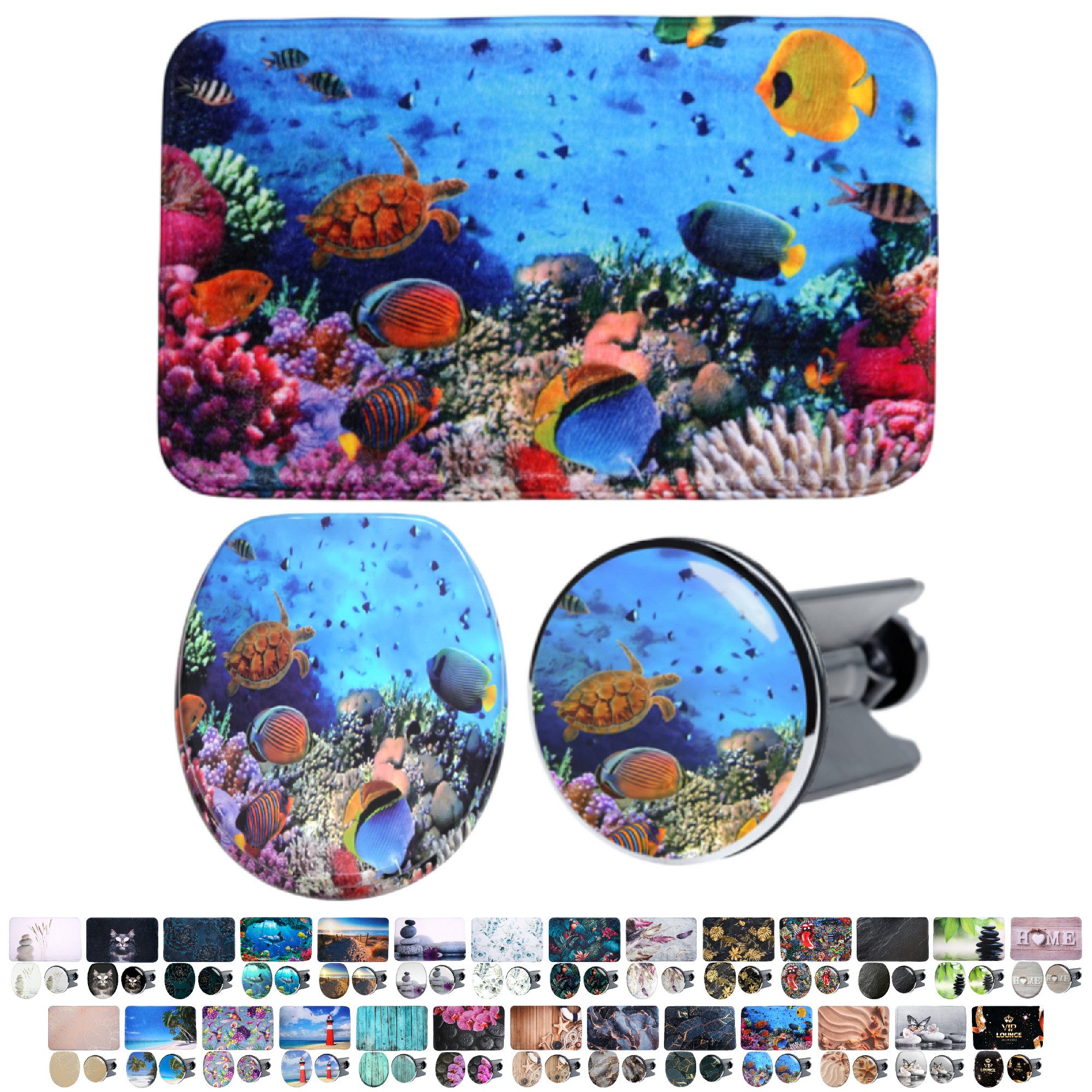 Sanilo Badaccessoire-Set 3-teilig mit Motiv, viele schöne Sets zur Auswahl, WC-Sitz mit Absenkautomatik, Badteppich 70 x 110 cm, Waschbeckenstöpsel, 3 tlg., 3-teilig, hochwertig & modern, universell, leichte Montage