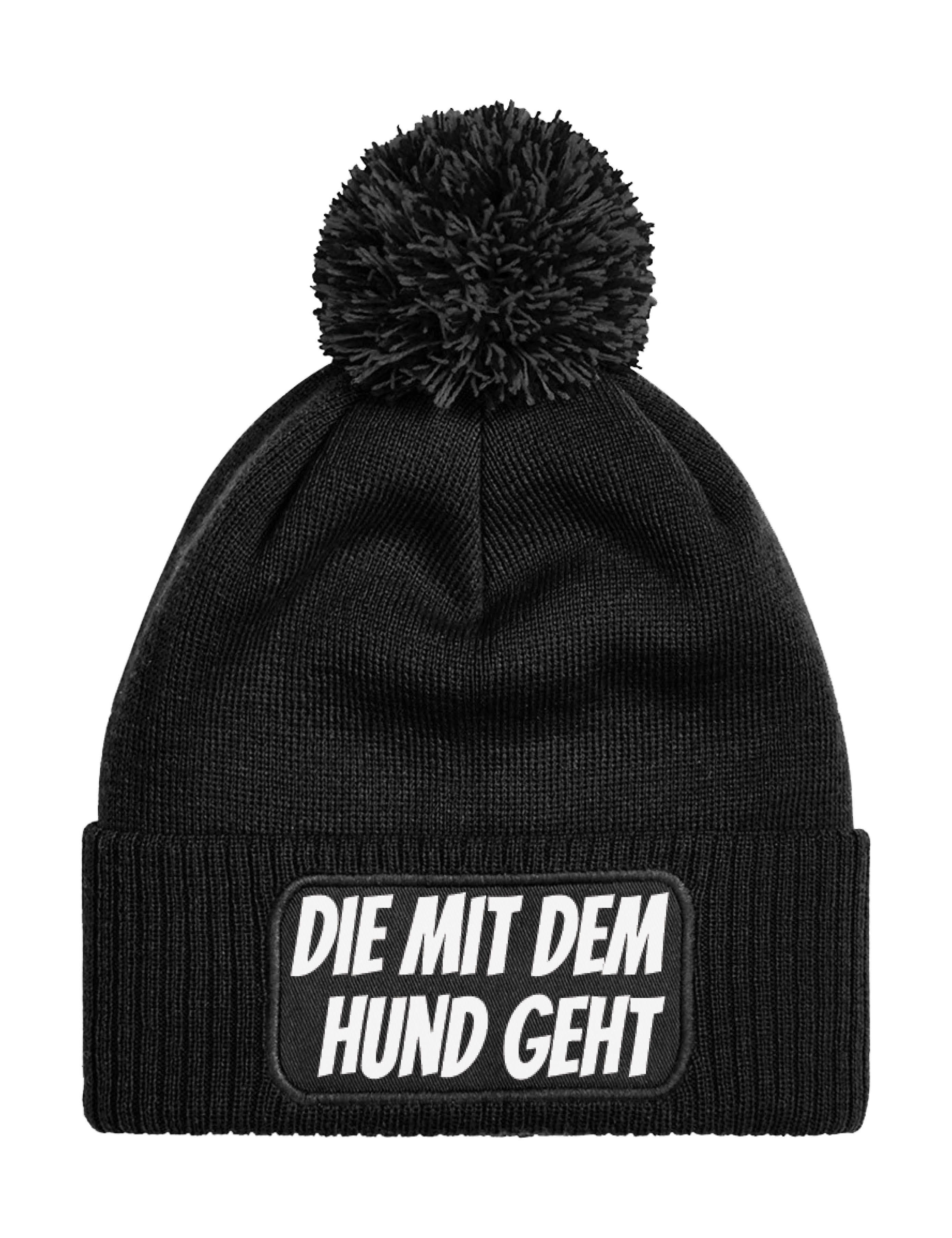 Youth Designz Bommelmütze Damen Strick Bommel Beanie Mütze mit "DIE MIT DEM HUND GEHT" Aufdruck mit lustigem Spruch für Frauen