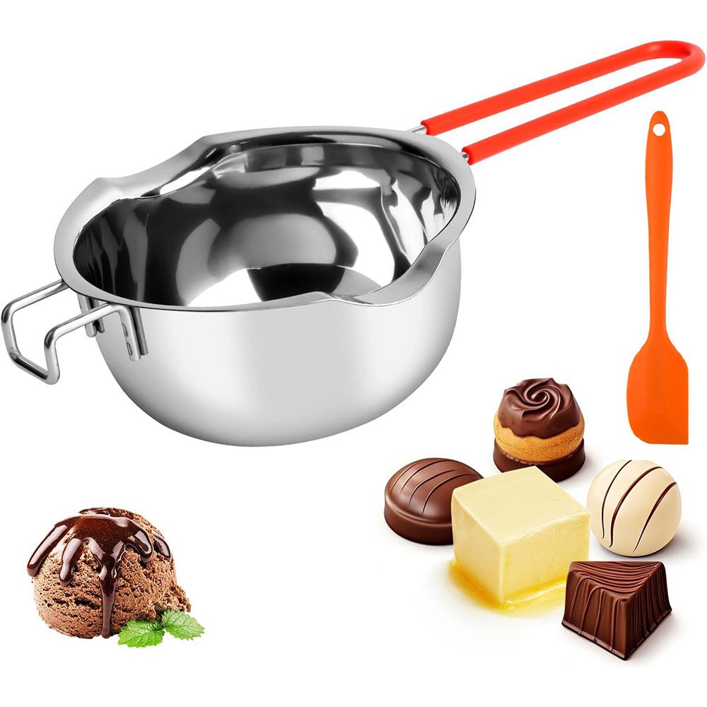 Coonoor Schüssel Edelstahl Schmelztopf, Kochtopf, Schmelztiegel, Mit 1 Silikonschaber, (1-tlg), Anti-Verbrühungsgriff, zum Backen, Schokolade, Butter (400ML)