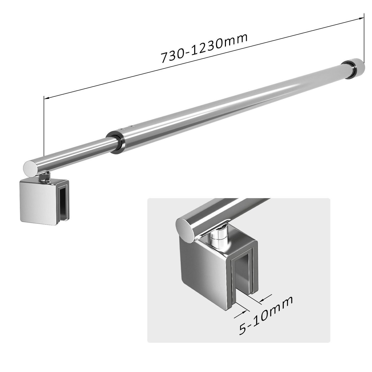 Boromal Duschwand-Stabilisationsstange Stabilisator für 8-10mm Duschwand 73-123cm 360° Drehbar, (Haltestange, Rund), für Walk In Duschwand Duschabtrennung Duschkabinen Seitenwand