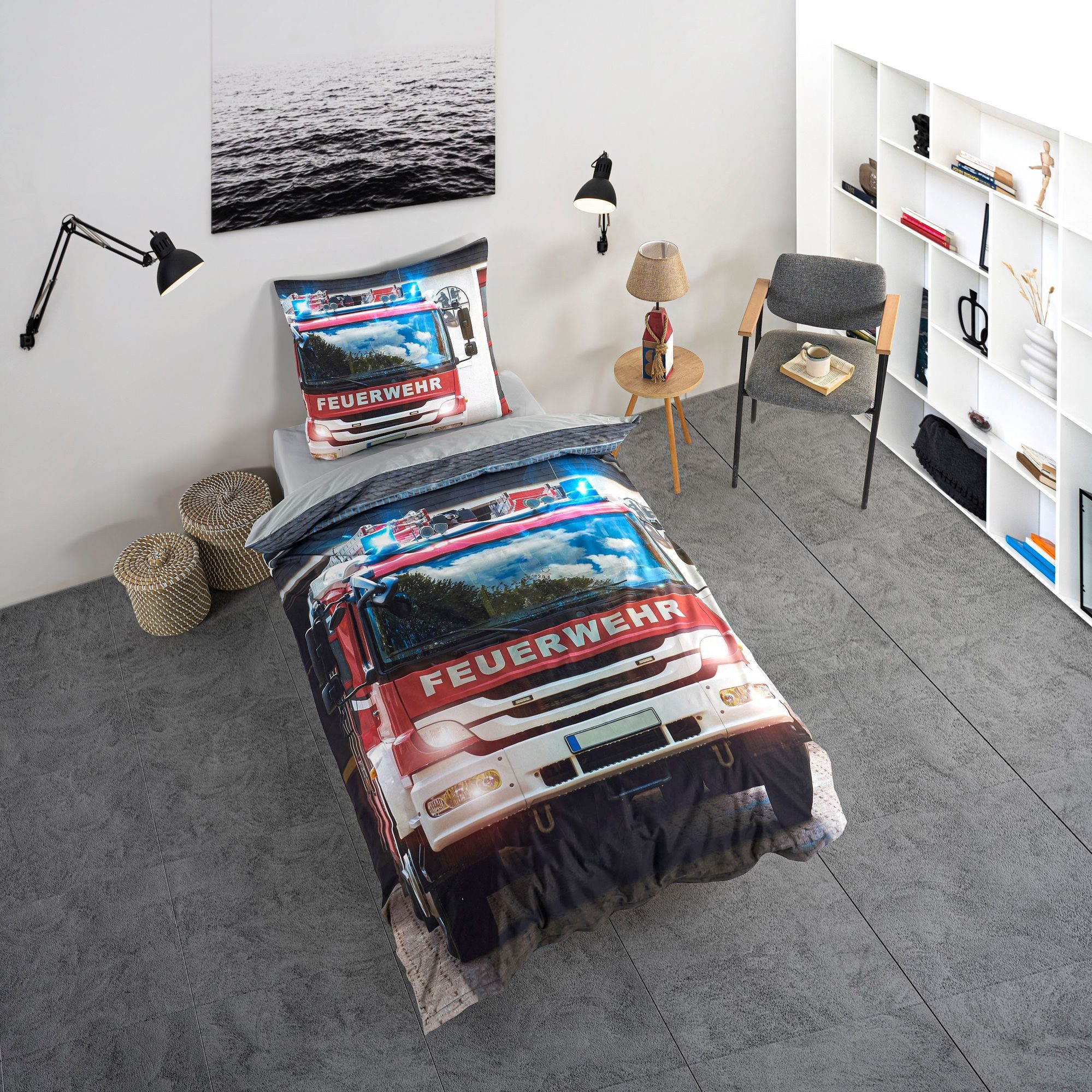 KK Shopping Kinderbettwäsche Bettwäsche Set Feuerwehr Auto 135 x 200 cm + 80 x 80 cm 100% Baumwolle, 2 teilig