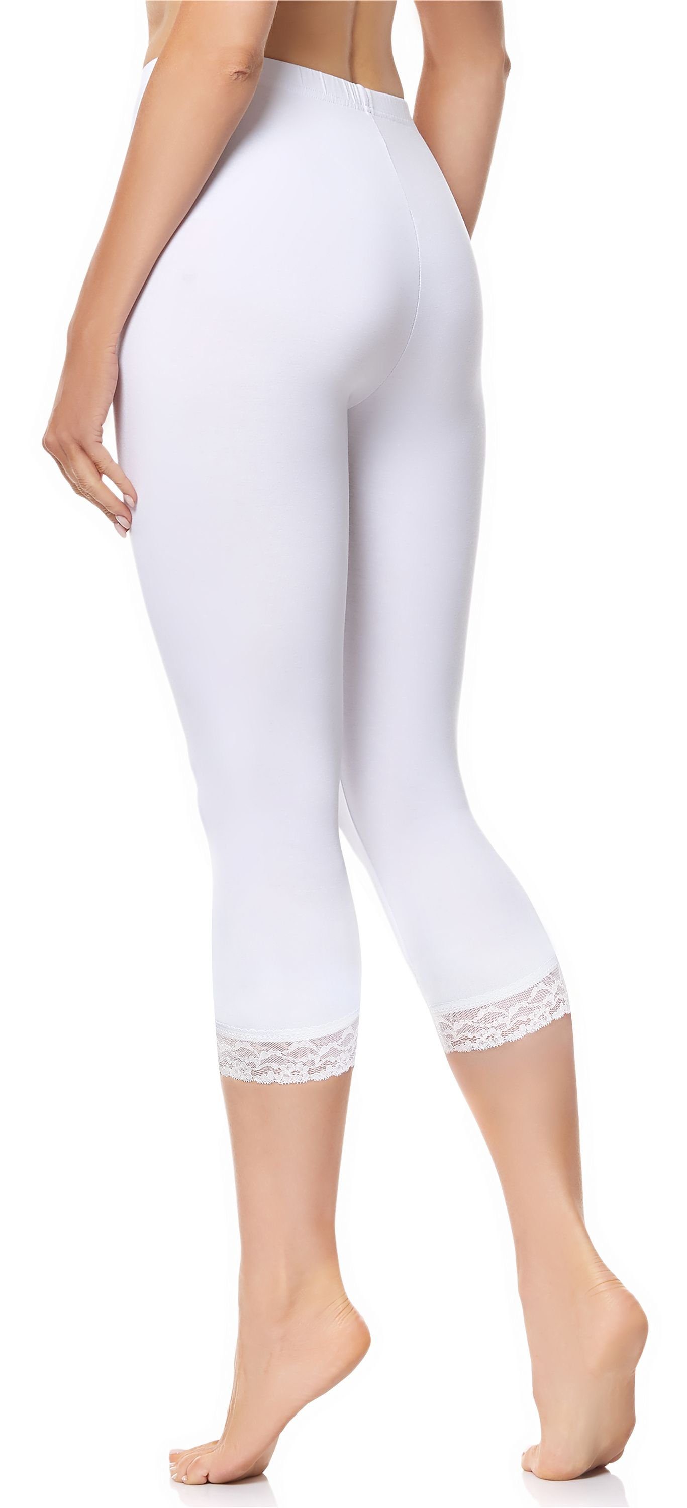 MS10-224 elastischer Merry Bund 3/4 Capri aus mit Leggings Style Baumwolle (1-tlg) Spitze Damen Leggings Weiß