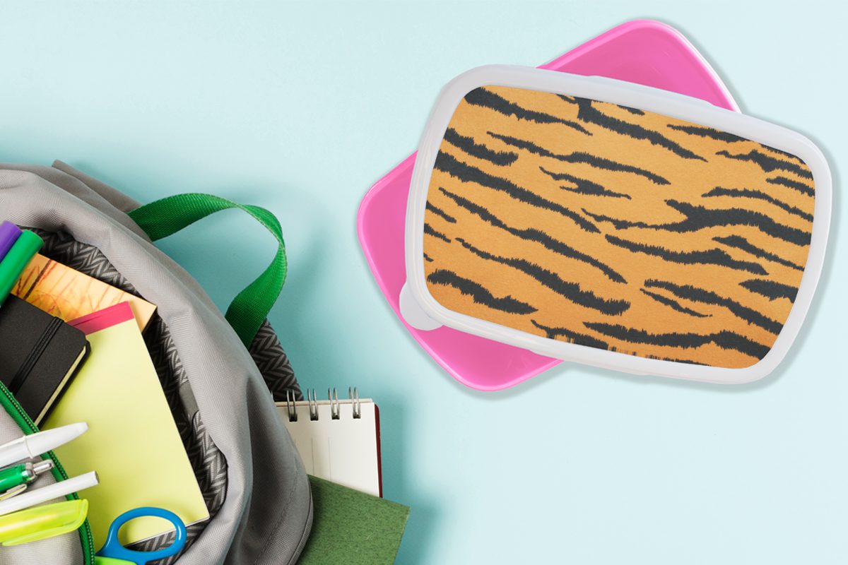 Kinder, Lunchbox Braun Erwachsene, Orange, (2-tlg), Snackbox, Brotdose rosa für - Kunststoff, Kunststoff - Mädchen, Brotbox Tigerdruck MuchoWow