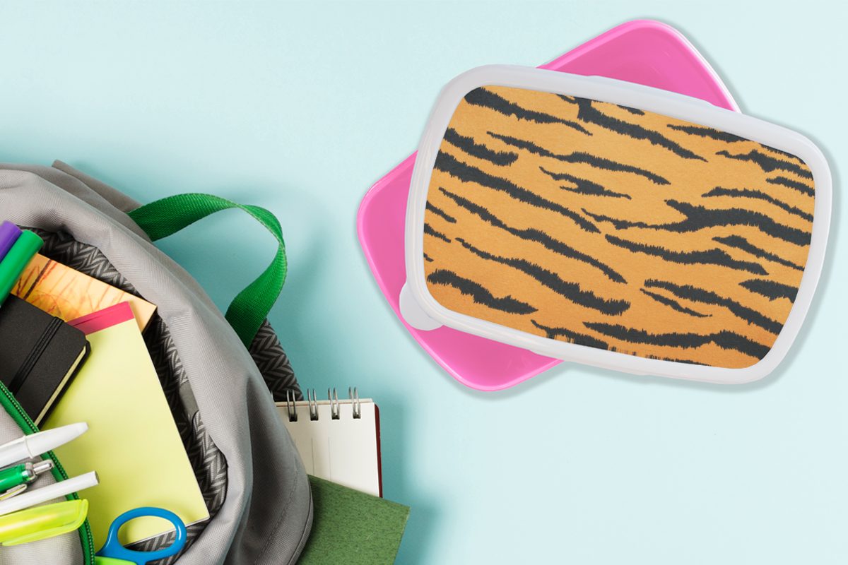 MuchoWow Lunchbox Tigerdruck - Kunststoff Kinder, für Braun Brotdose rosa (2-tlg), Brotbox Kunststoff, Erwachsene, Mädchen, Orange, Snackbox, 