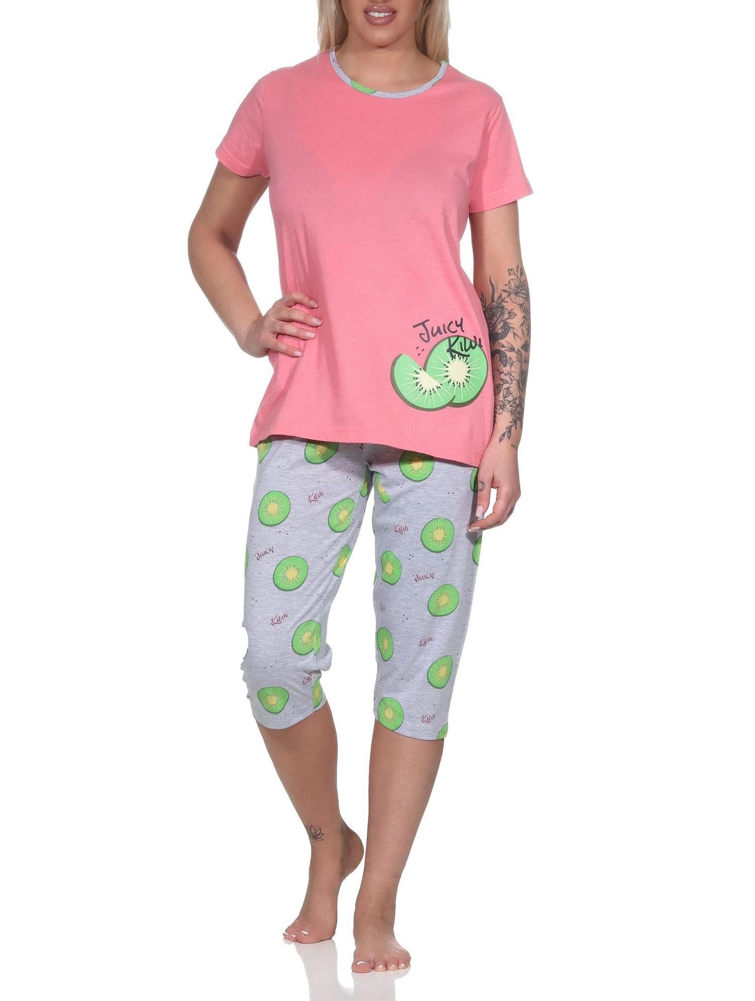 Pyjama Normann Damen kurzarm Schlafanzug mit Capri Pyjamahose in Kiwi Motiv