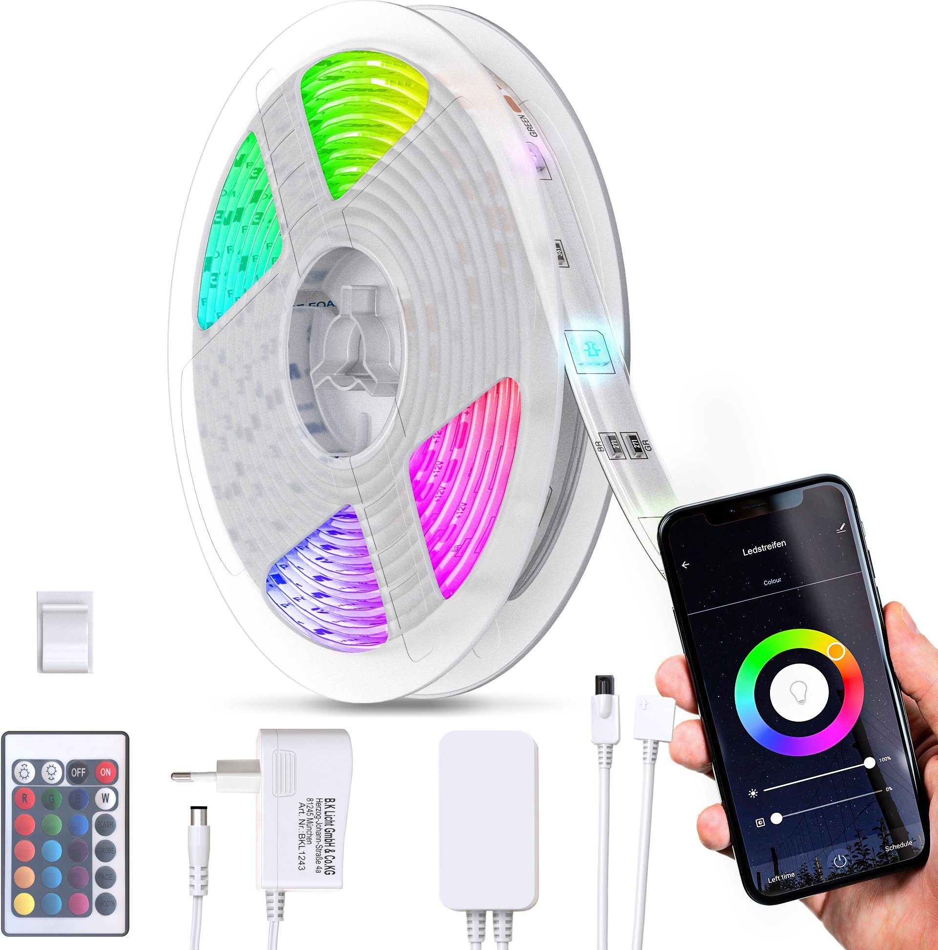 LED LED Strip, Fernbedienung, Smart Inkl. App, B.K.Licht BK_LS1243 iOS Stripe Android, & Sprachsteuerung, mit 5 Selbstklebend Meter, WiFi, 150-flammig, Silikonummantelt,