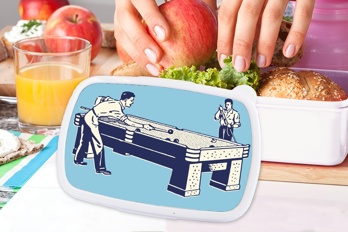 Billardtisches weiß Kinder für Eine Brotbox MuchoWow Brotdose, Illustration eines (2-tlg), und Kunststoff, Lunchbox einem Mädchen und blauen vor Hintergrund, Erwachsene, für Jungs