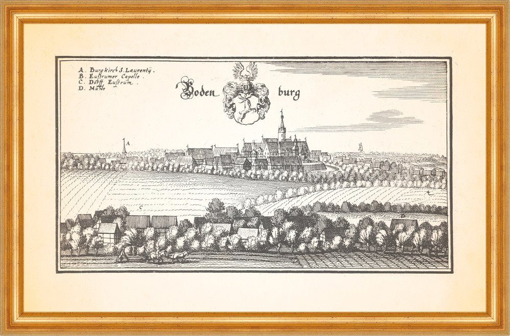 Kunstdruck Bodenburg Burganlage Burgkirche Wasserschloss Kupferstich Merian 0371