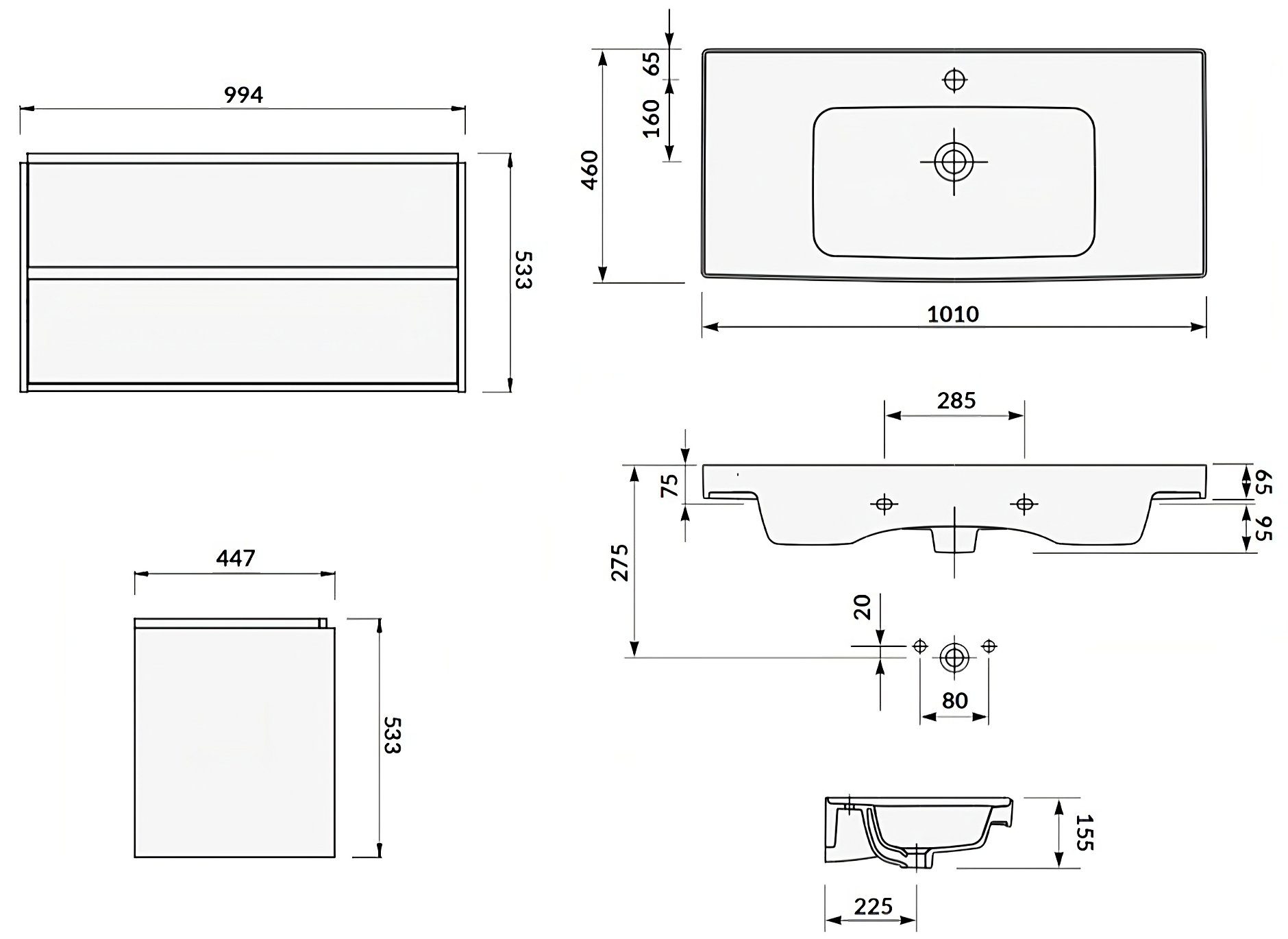Keramikwaschbecken Weiß 100 Schubladen & Badezimmerschrank KOLMAN mit CREA Set Waschbeckenunterschrank Badmöbel