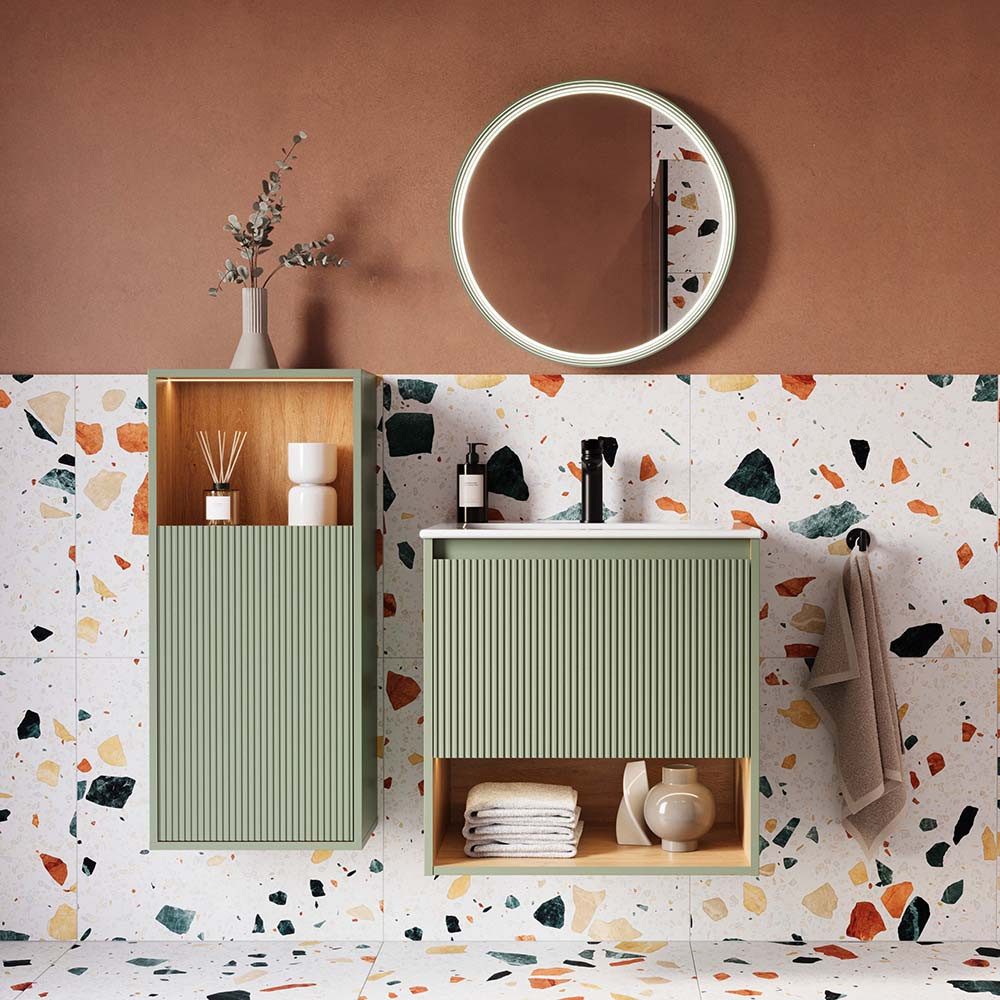 Bernstein Badmöbel-Set BELDIVO 60cm Jadegrün matt Set 4-tlg, Badmöbel Set 60cm Keramik Waschbecken Hochschrank LED-Spiegel