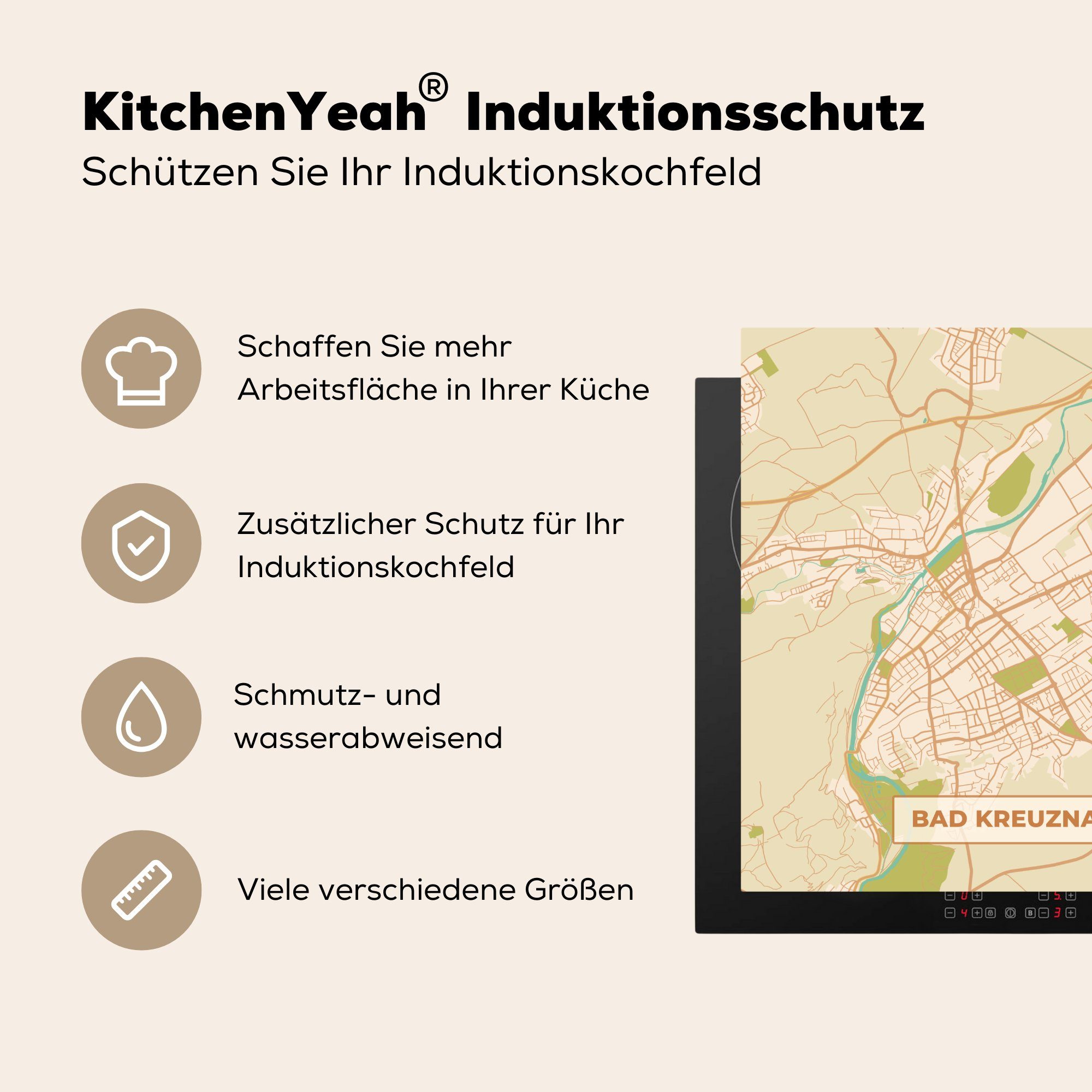 Bad tlg), Kreuznach Stadtplan, (1 MuchoWow küche Vinyl, für Herdblende-/Abdeckplatte cm, Ceranfeldabdeckung, Karte 78x78 - Vintage Arbeitsplatte - -