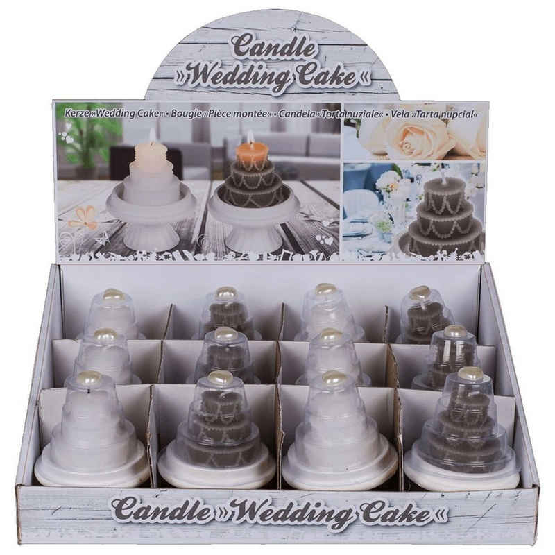Marabellas Shop Stumpenkerze Kerze Hochzeitstorte 12 Stück auf Ständer in Creme oder Khaki, 2h Brenndauer