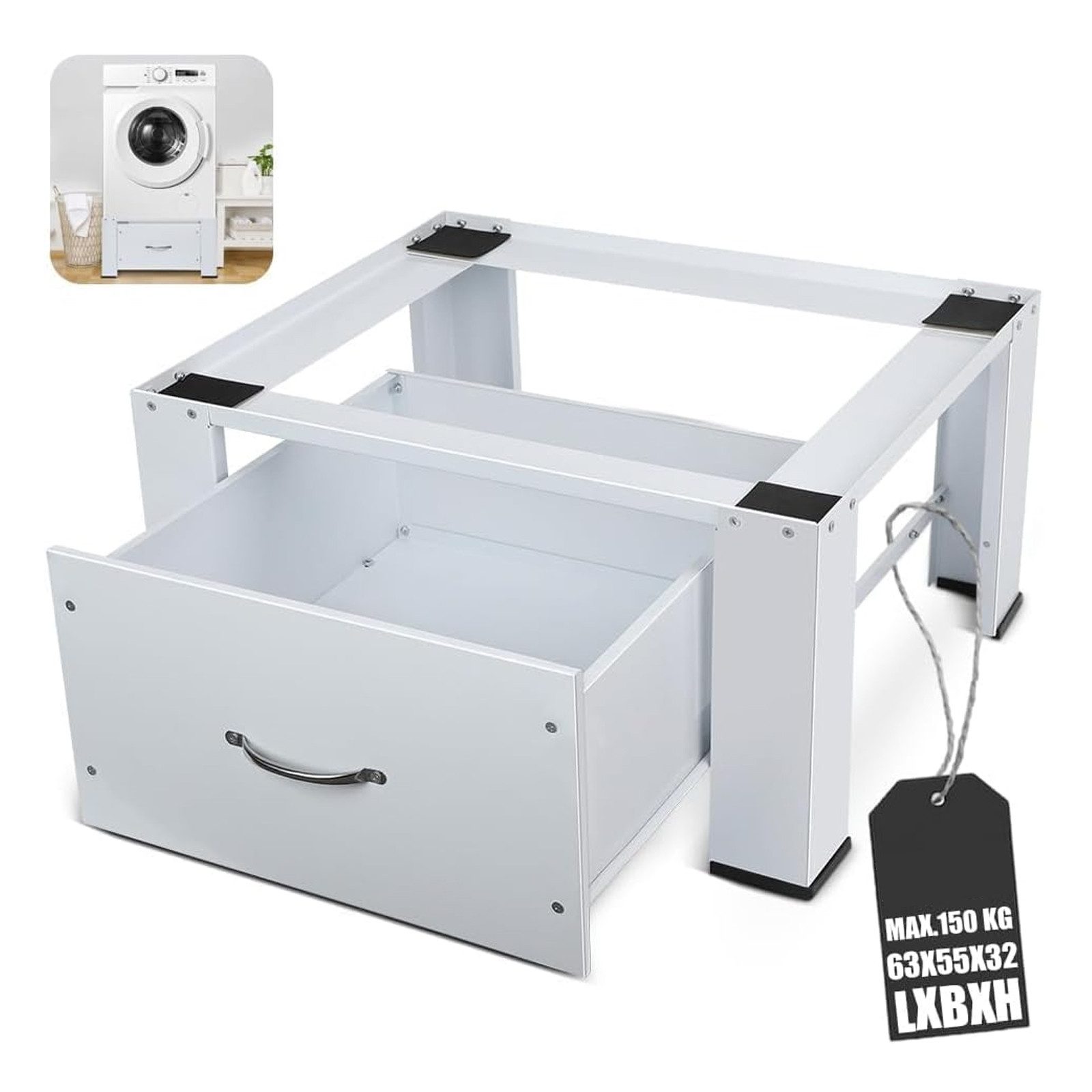 XIIW Waschmaschinenuntergestell Verstärkt Schublade Podest H32cm Waschmaschinen Untergestell Unterbau, Zubehör für Stabil Stahl Unter Schrank bis 150KG 64x54x32cm, mit Rutschfester Füße Waschmaschinenunterschrank