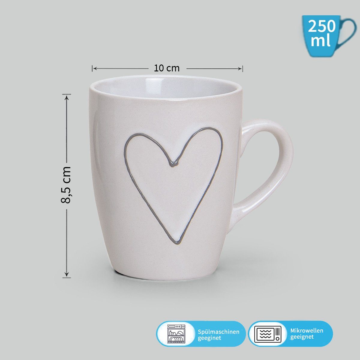 matches21 HOME & HOBBY Tasse Schöne Kaffeetassen 6er Set einfarbig mit Herzen Landhaus-Stil, 6-tlg., Keramik, Tee Kaffee-Becher, modern, grau beige weiss, 250 ml