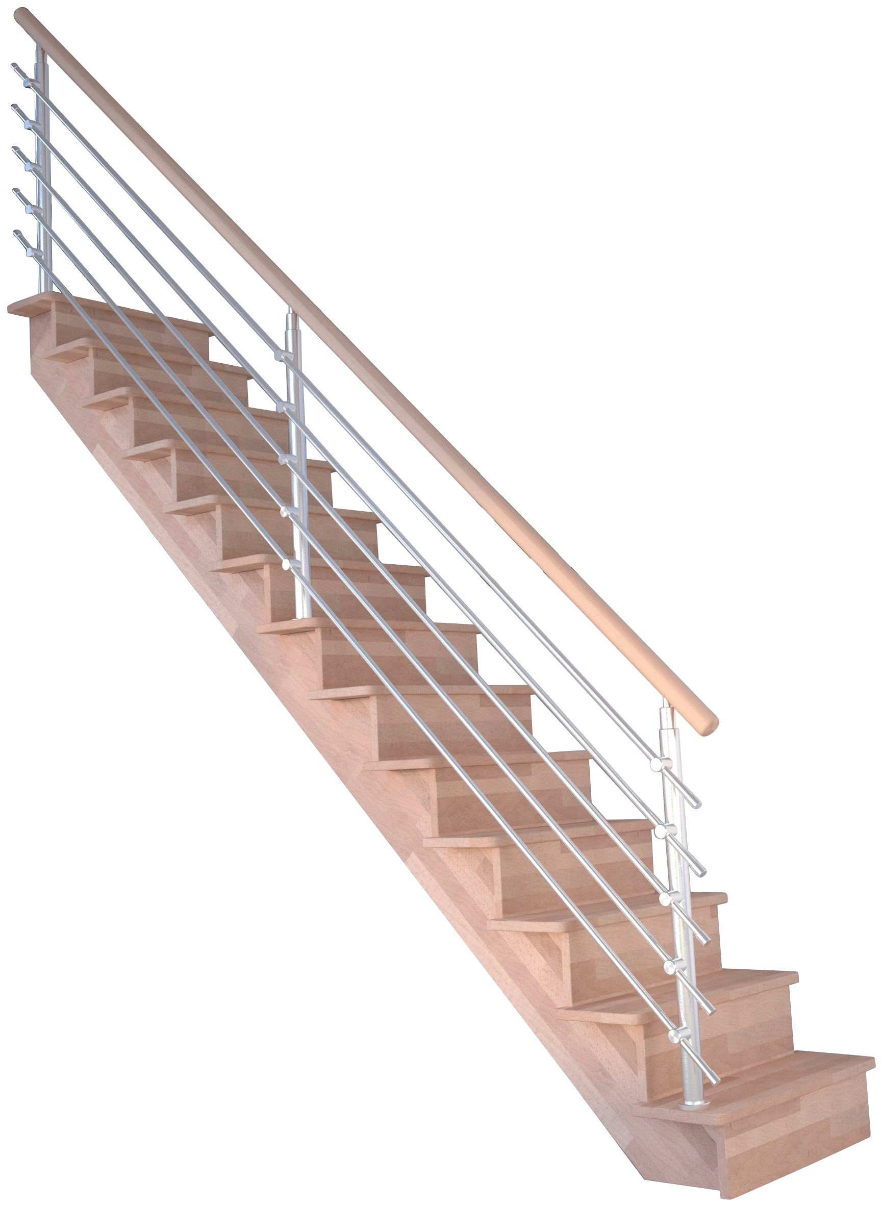Starwood Systemtreppe Massivholz Lindos, Design-Geländer Edelstahl, für Geschosshöhen bis 300 cm, Stufen geschlossen, Durchgehende Wangenteile