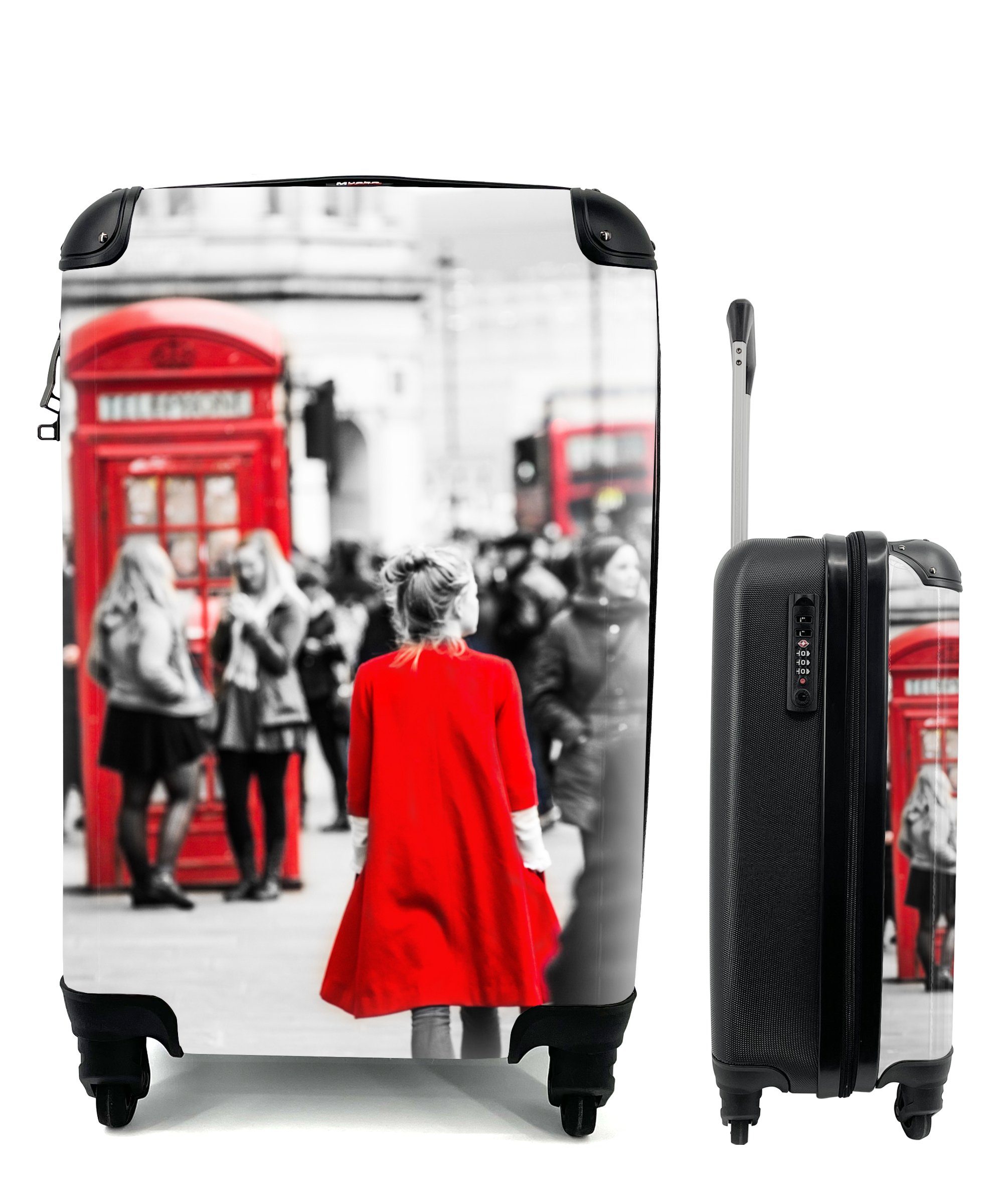 MuchoWow Handgepäckkoffer Schwarz-Weiß-Foto einer Frau in einer roten Jacke, die durch die, 4 Rollen, Reisetasche mit rollen, Handgepäck für Ferien, Trolley, Reisekoffer