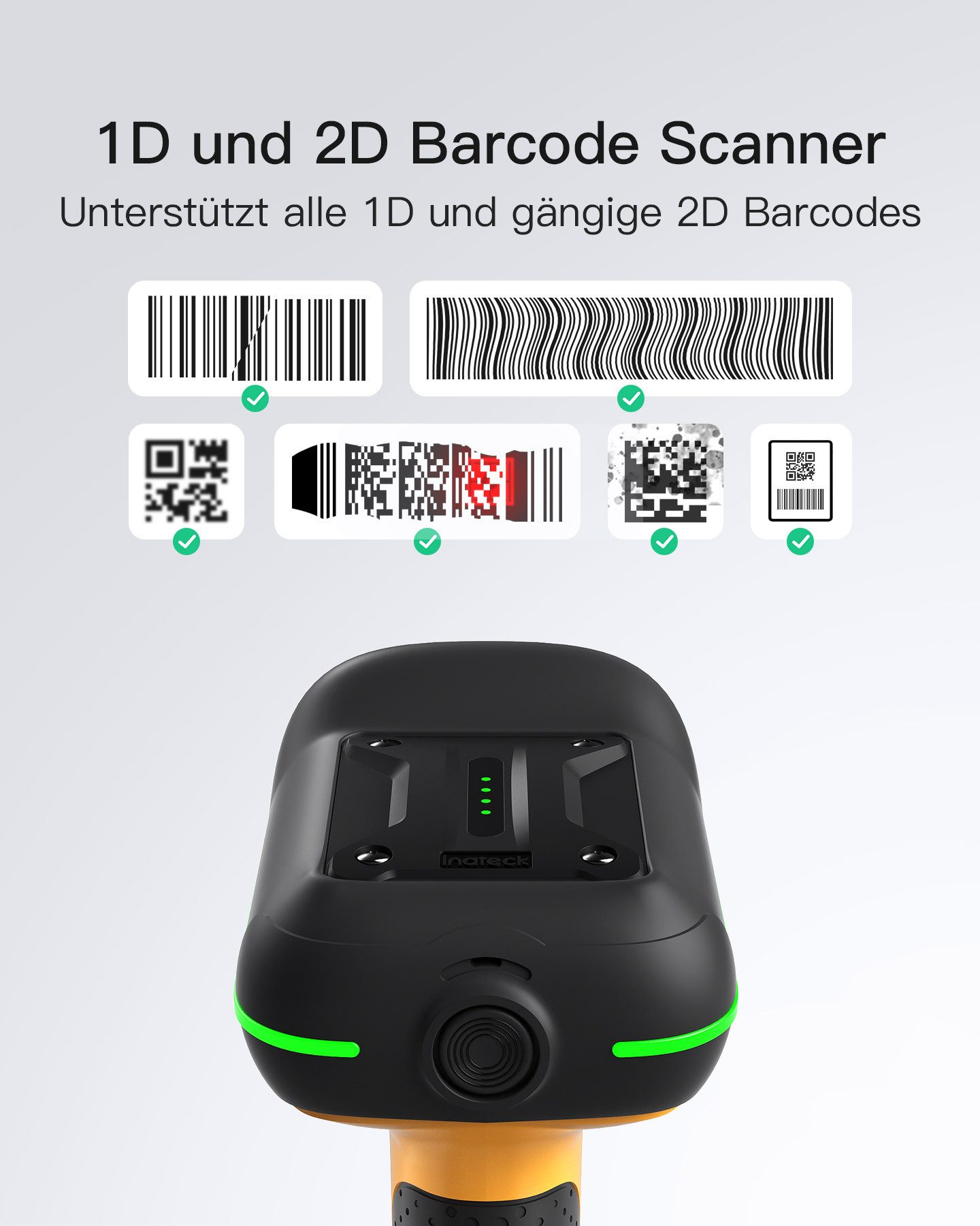Inateck Industrial Barcode Scanner Kabellos, 2D QR Code Scanner Handscanner, (IP67 wasserdicht und staubdicht, mit intelligenter Ladestation)