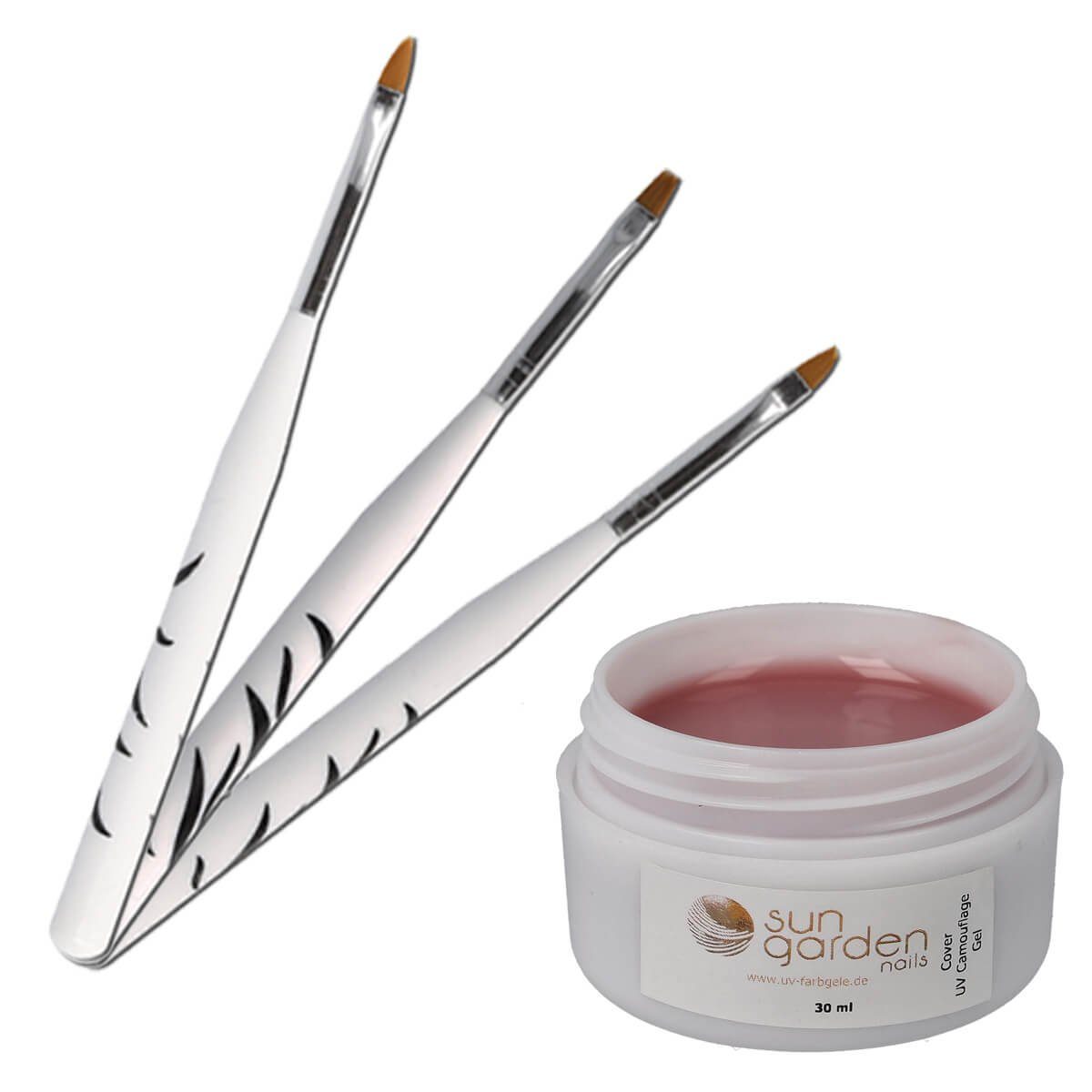Sun Garden Nails UV-Gel 30 ml UV Aufbaugel - Cover Camouflage Nail Gel + 3 tlg. Pinselset