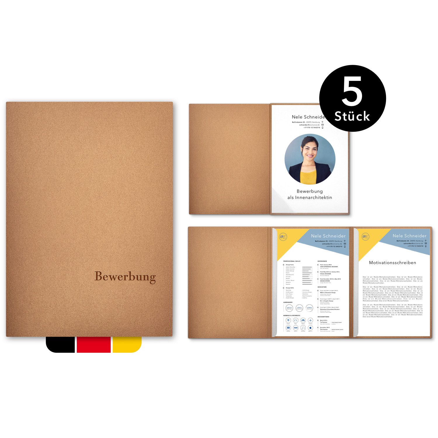 STRATAG Bewerbungsmappe Esclusiva® Exzellent Metallic - 5 Stück 3-teilig mit 2 Klemmschienen (Set, 5-St., Premium-Qualität mit hochwertiger Prägung Bewerbung), direkt vom Hersteller STRATAG - handgefertigt in Deutschland