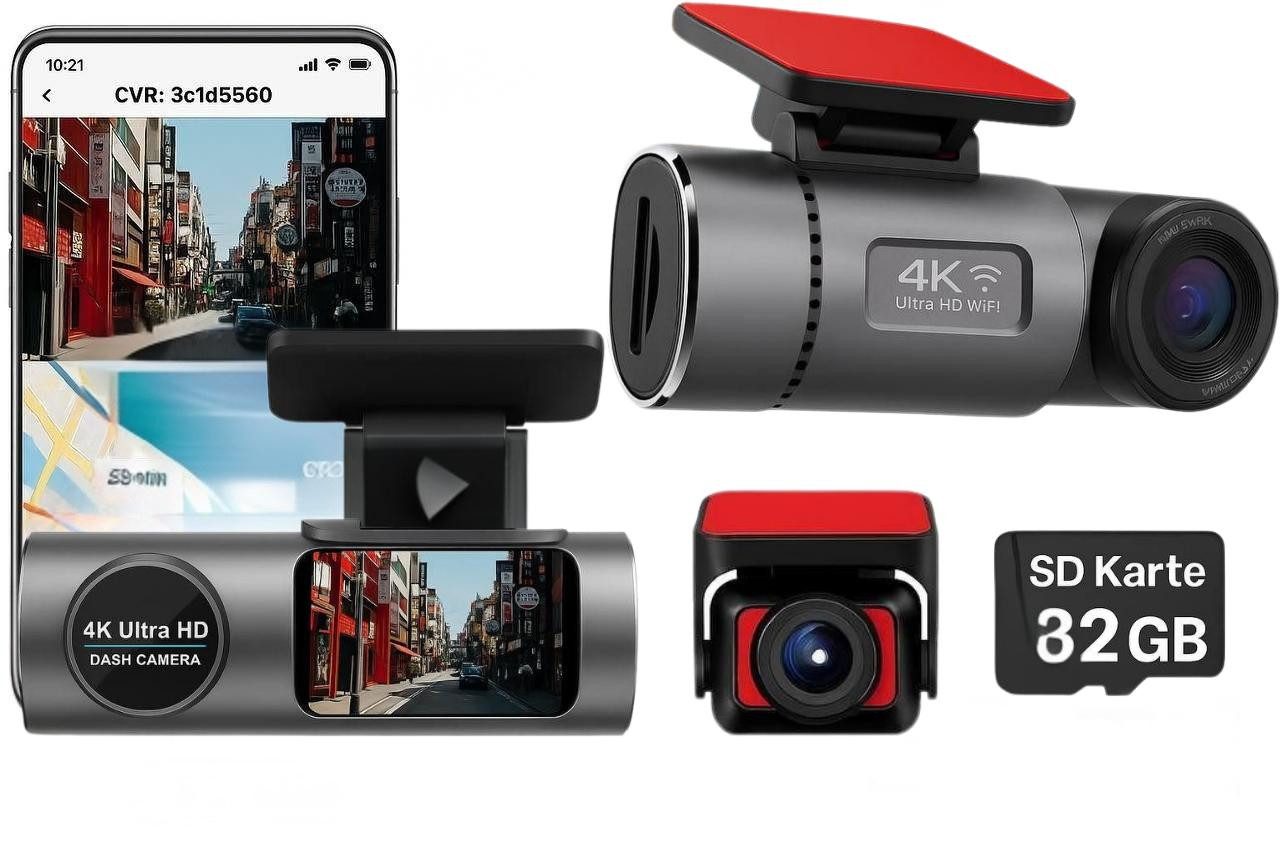 Goldstern-Tech Dashcam (4K Ultra HD, WLAN (Wi-Fi), Dual-Kamera Autokamera Set – Front- & Rückansicht in HD, GPS, WLAN, Nachtsicht & Parkmodus mit 32GB SD-Karte)