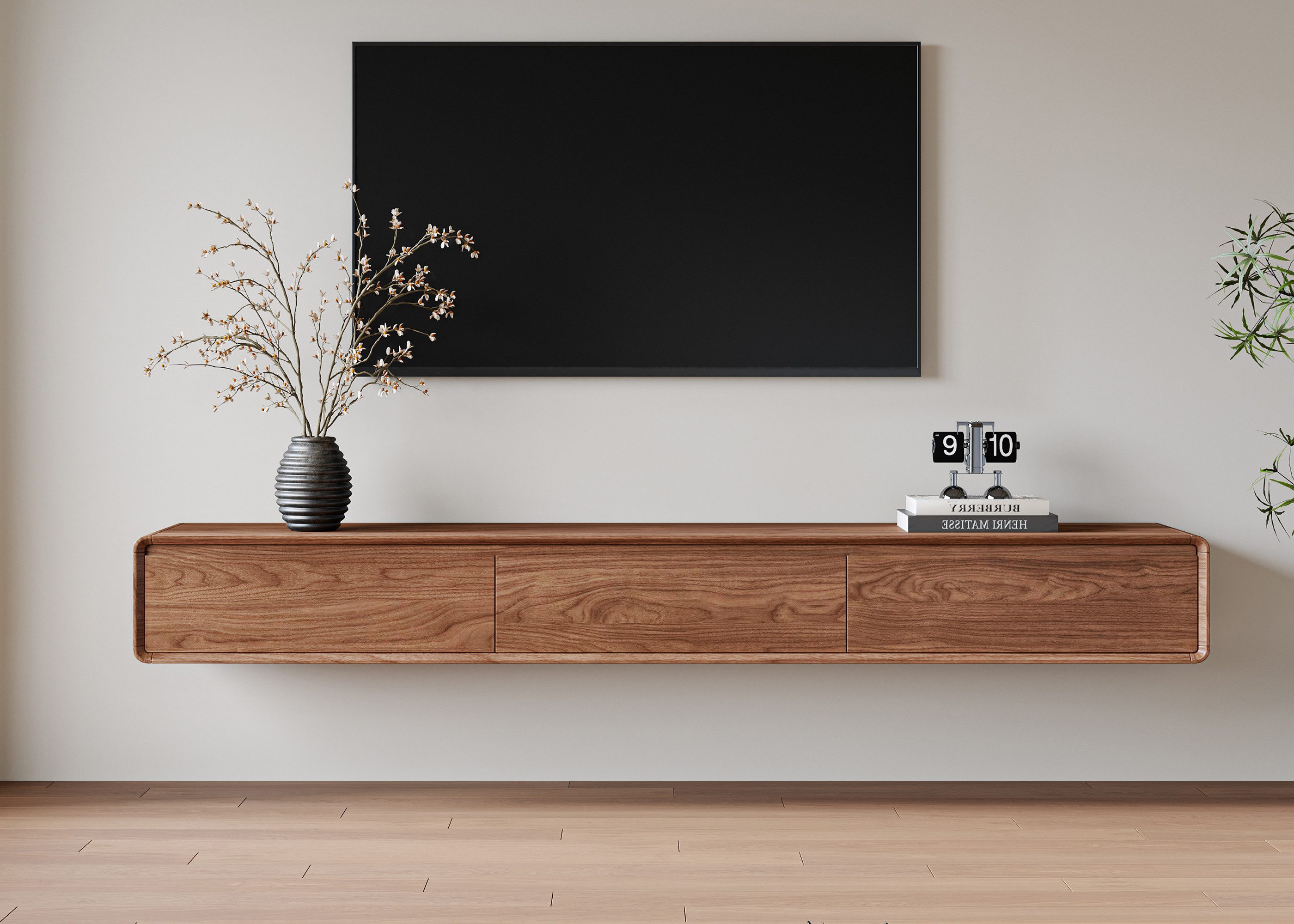 oleyluckidea TV-Schrank Moderner Walnuss TV Board hängend, mit 3 Schubladen Breite 200 cm