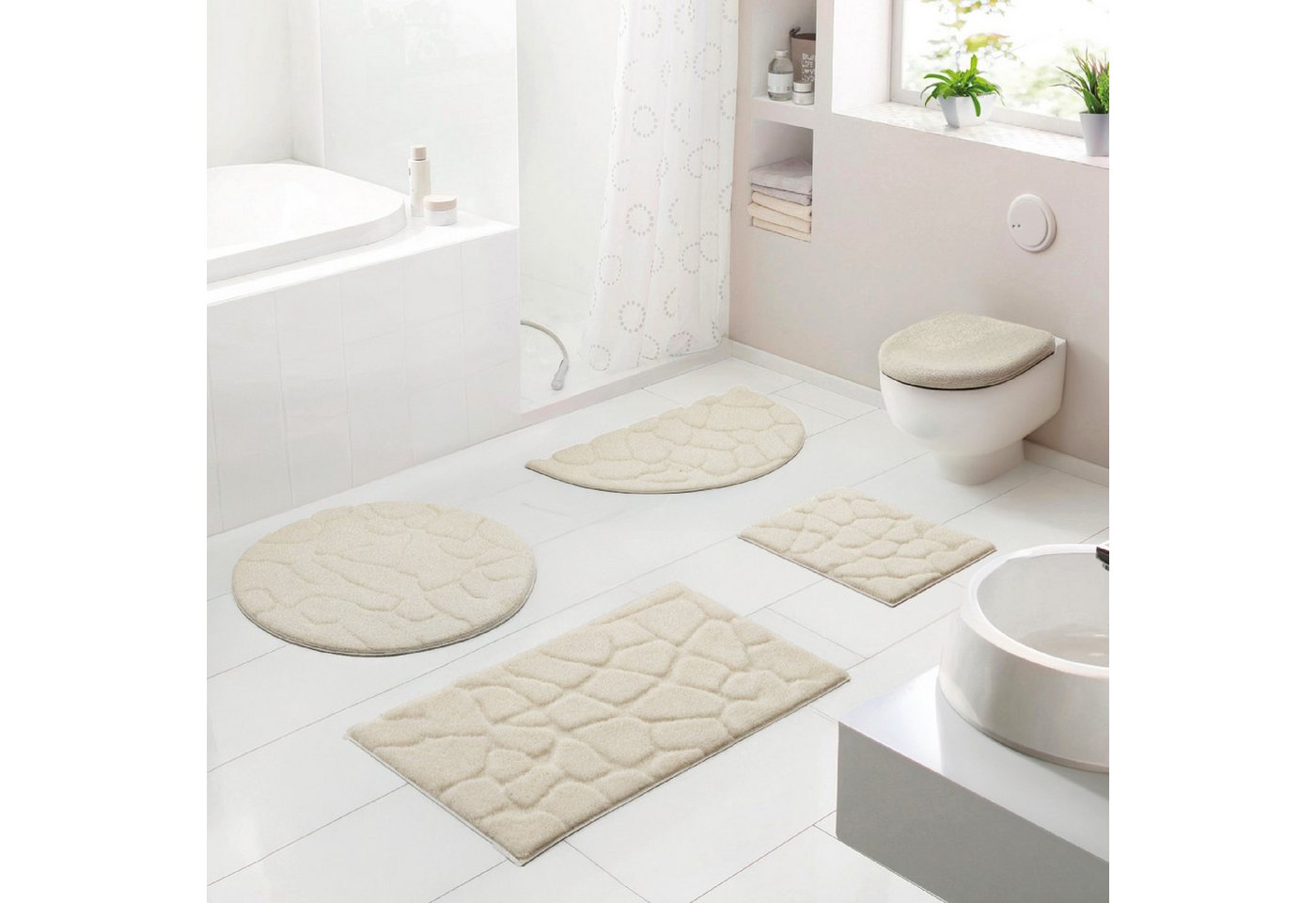 Grund Badematte Ashtar, Badvorleger, Badezimmer Teppich, 3D-Design, Höhe 20 mm, rutschhemmend beschichtet, schnell trocknend, Polyester, rechteckig, 3-tlg. Stand-WC Set, Hoch-Tief-Design mit organischer Steinoptik, Made in Europe