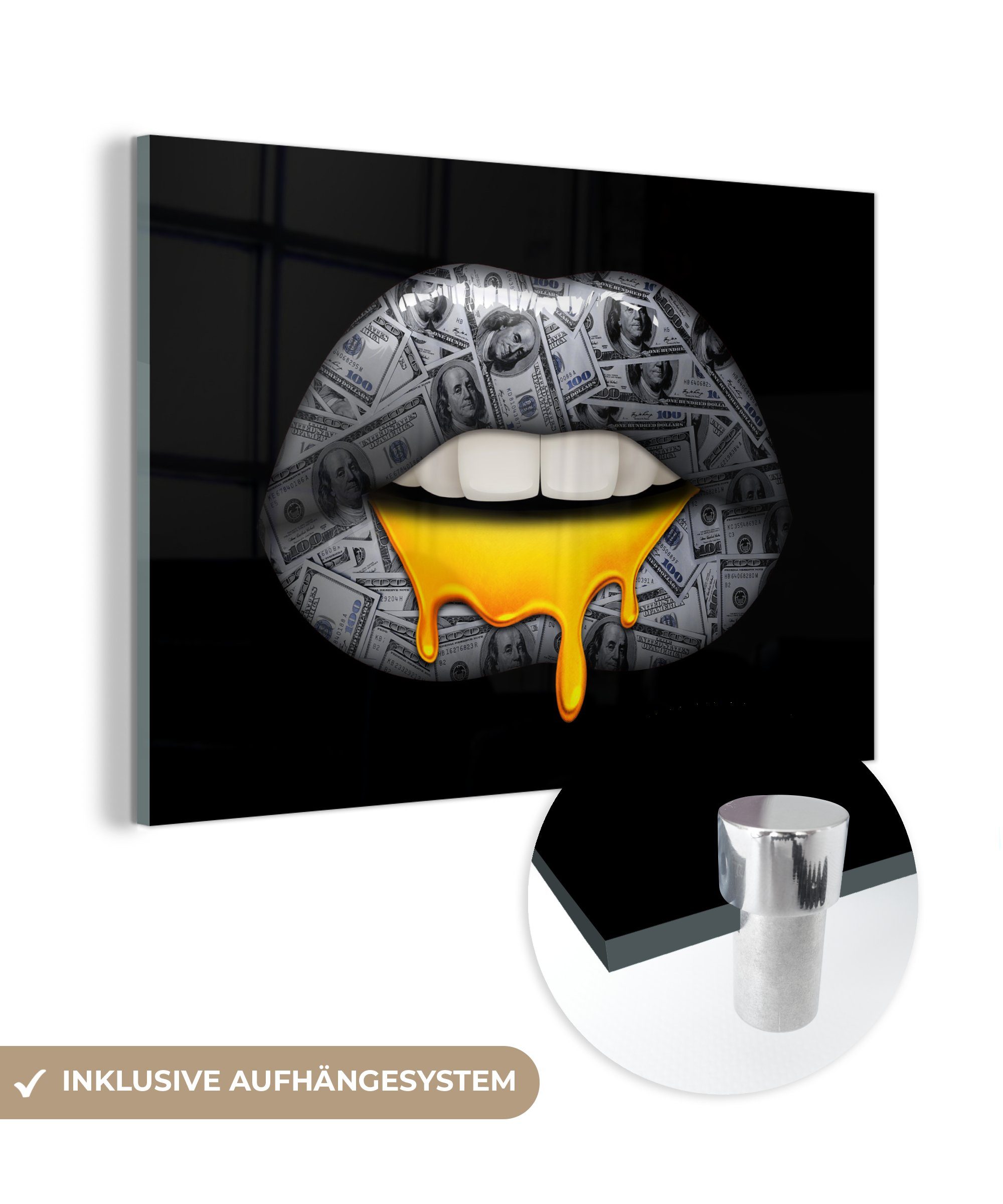MuchoWow Acrylglasbild Glas - Foto Geld Weiß, auf Wandbild - Bilder und Glasbilder Schwarz auf - Wanddekoration - (1 Lippen Glas St), 
