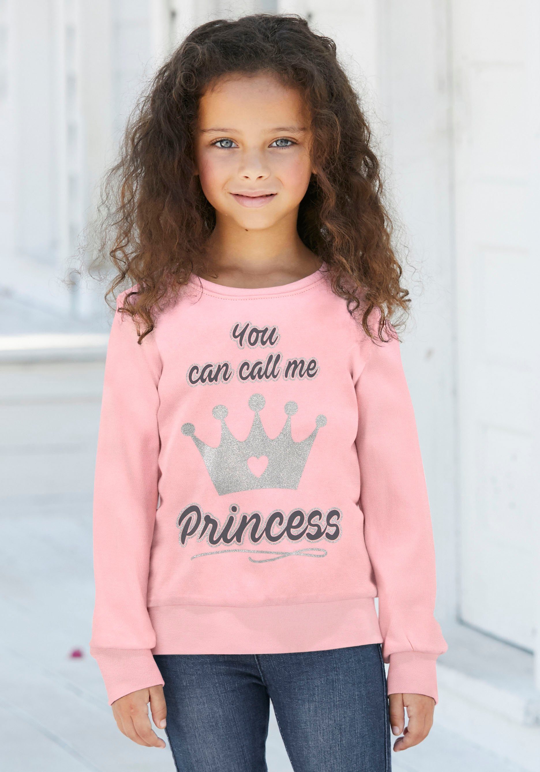 CALL YOU Langarmshirt Glitzerprint KIDSWORLD niedlichem ME mit PRINCESS CAN