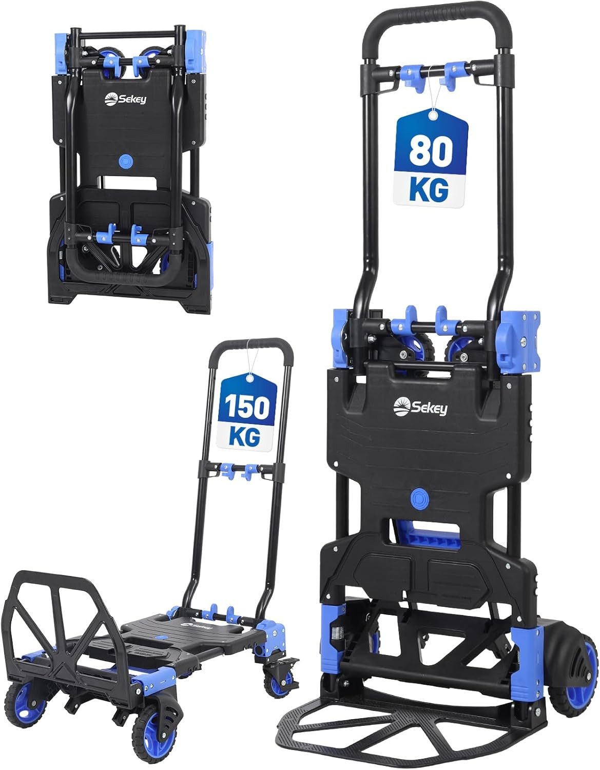 Sekey Sackkarre Alu 2-in-1 Sackkarre Klappbar Transportwagen bis zu 150 kg Tragkraft, Alu Plattformwagen mit Bremse, Ergonomischem Griff