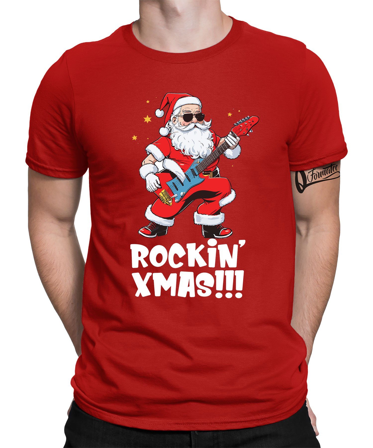 T-Shir Xmas Quattro - Weihnachten Rockin Kurzarmshirt (1-tlg) Weihnachtsmann Rot Herren Formatee Christmas X-mas