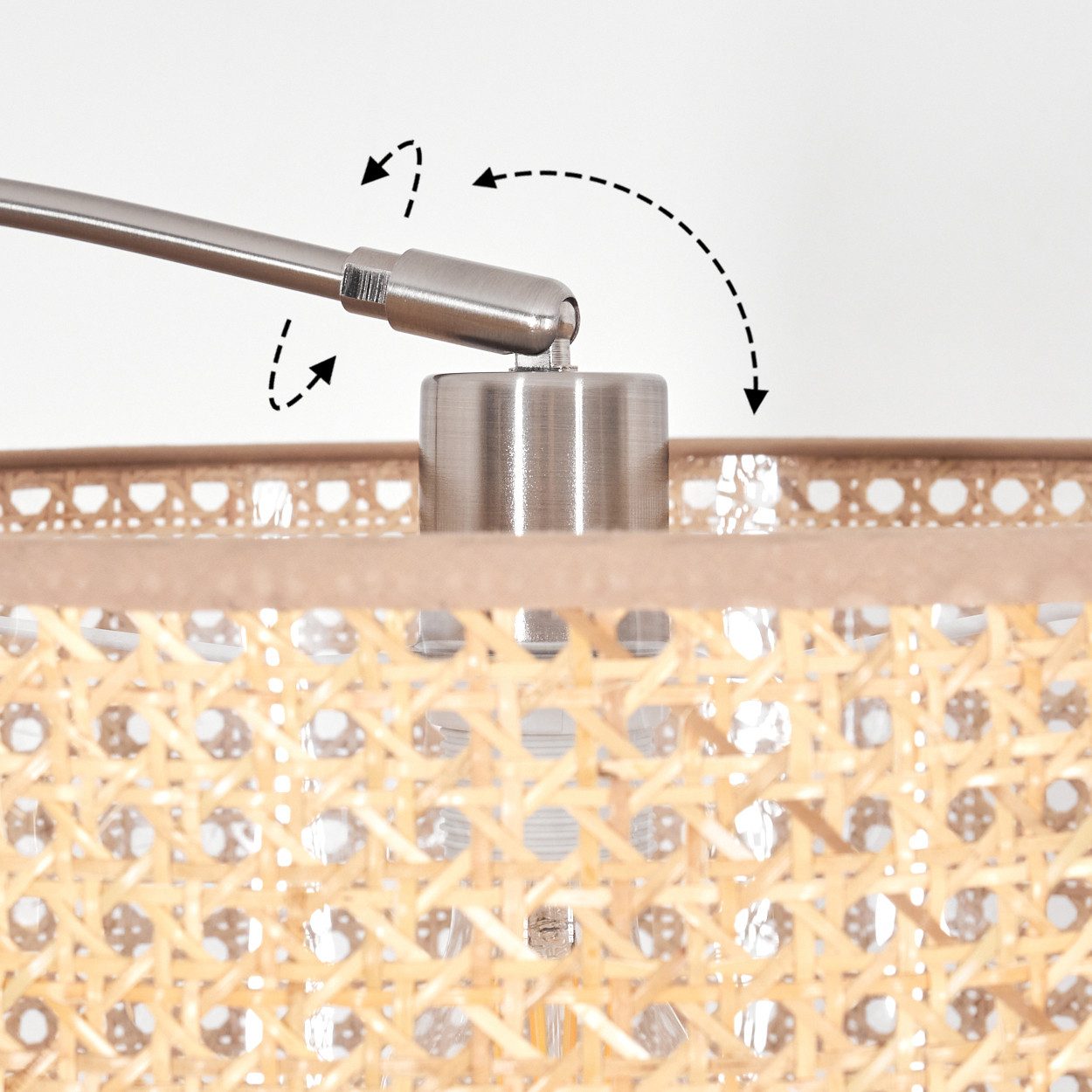 hofstein Bogenlampe Stehlampe Metall/Rattan/Wienergeflecht in Nickel/Schwarz/Natur/Braun, Stehleuchte im Boho-Design mit Marmorfuß u. Fußschalter (40 cm), E27