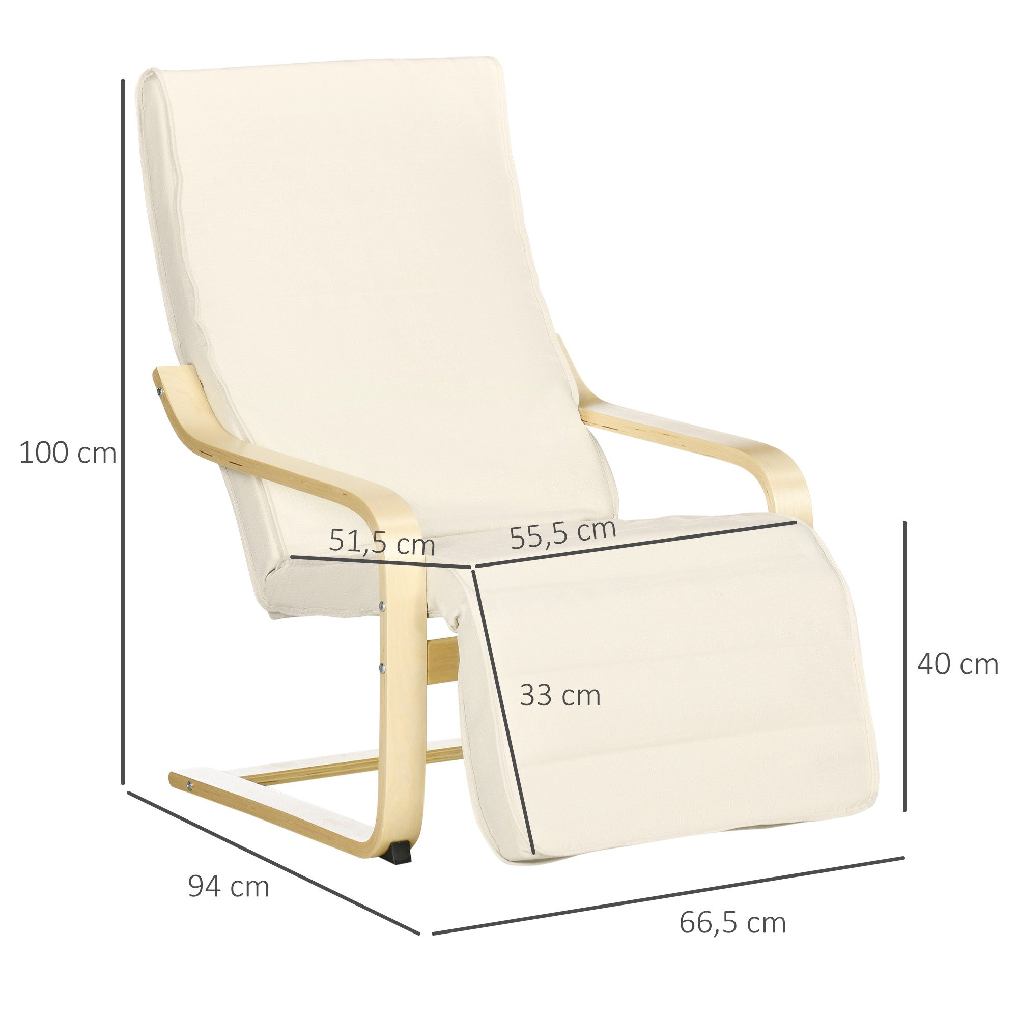 HOMCOM Relaxsessel Sessel Loungesessel mit Armlehnen, 5-fach verstellbare Fußteil (Esszimmerstuhl, 1-St., Schwingstuhl), für Wohnzimmer, Birkenholz, Cremeweiß 66,5 x 94 x 100cm