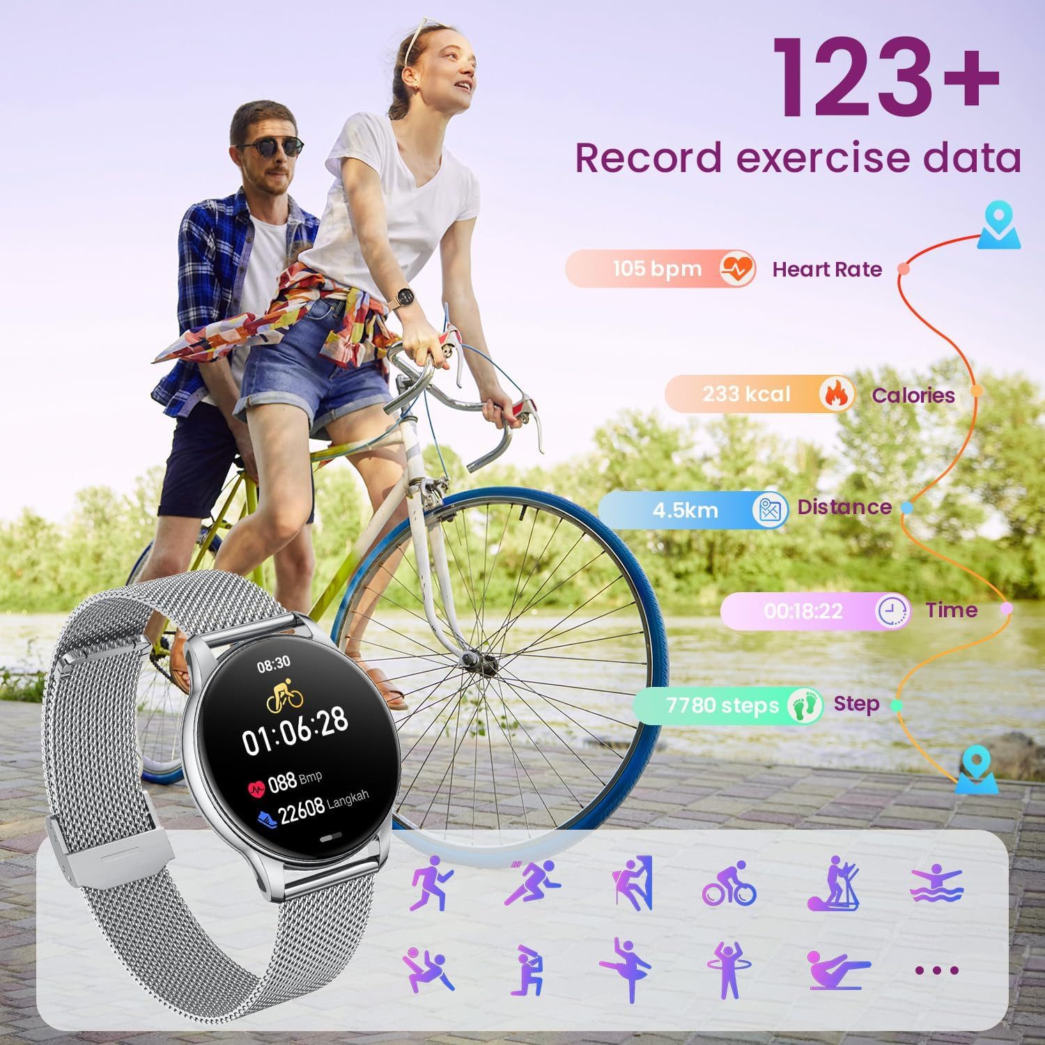 Motsfit Smartwatch (3,3 cm, android ios), Damen Smartwatch mit 1.32" AMOLED Display, Bluetooth Anruf
