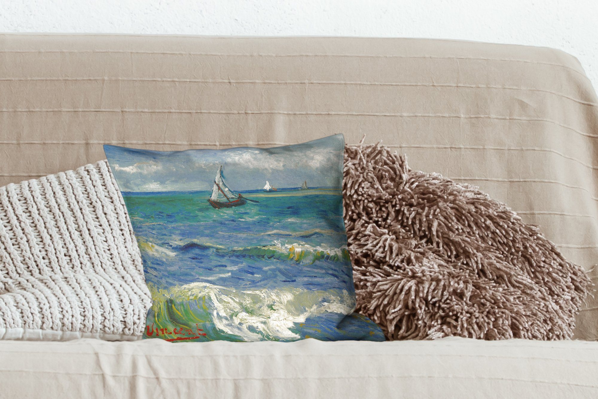 MuchoWow Dekokissen Meereslandschaft bei Wohzimmer, von, mit Schlafzimmer, Gemälde Deko, für Les-Saintes-Maries-de-la-Mer Sofakissen Füllung - Zierkissen