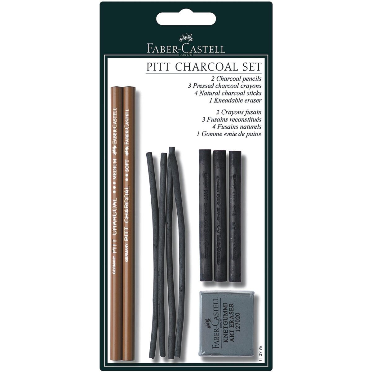 Faber-Castell Maltuch Reißkohle Pitt Charcoal Set in den Härten M/S/ES auf Blisterkarte