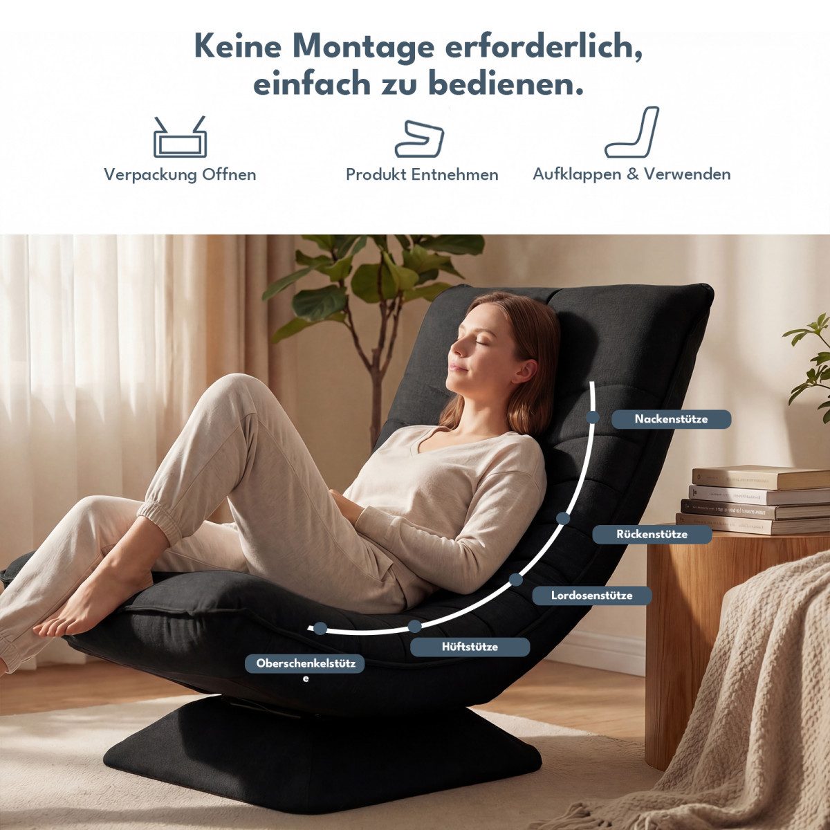 HappyHome Relaxsessel Verstellbarer Bodenstuhl, drehbar, klappbar, 150kg, Bodensessel – Bild 5 von 5