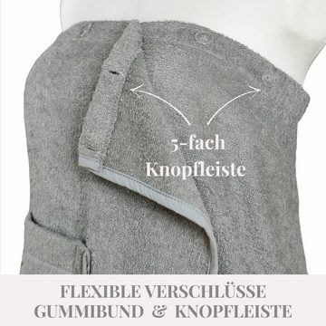 Carenesse Saunatuch Saunakilt Damen 80 x 140 cm grau Weiches OneSize Sauna-Kleid Frottee, 100% Baumwolle, Flexibler Gummibund & 5-fach Knopfleiste, mit aufgesetzter Tasche