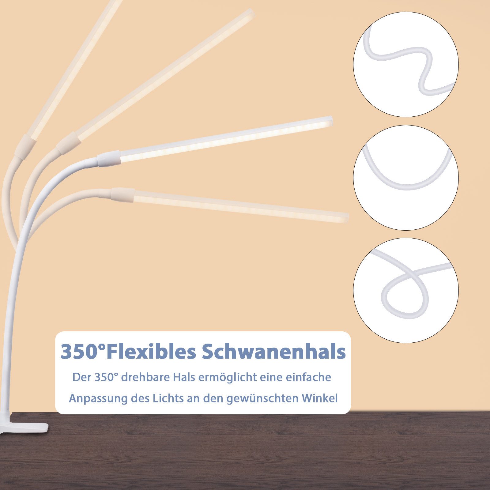 ZMH LED Klemmleuchte USB-Schreibtischlampe 5 W, 3 Farbtemperaturen, 5 Helligkeitsstufen, LED fest integriert, Warmweiß-Neutralweiß-Kaltweiß, Arbeitsplatzleuchte – Bild 5 von 5